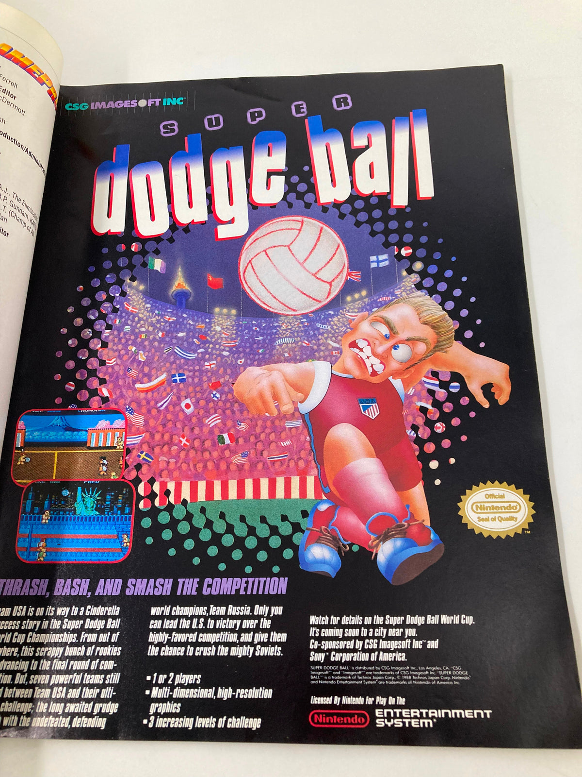 GamePro Magazine July 1989 featuring Super Dodge Ball advertisement with vibrant graphics showcasing gameplay and competition themes.
