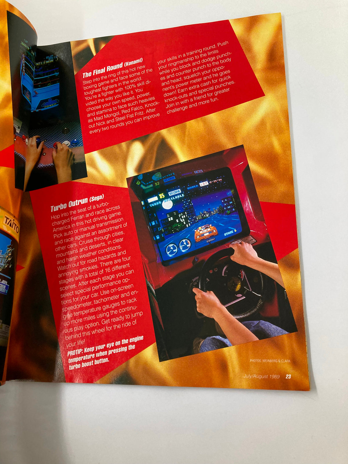 GamePro Magazine July 1989 article page detailing Turbo Outrun, featuring gameplay tips and vibrant imagery of the arcade racing experience.