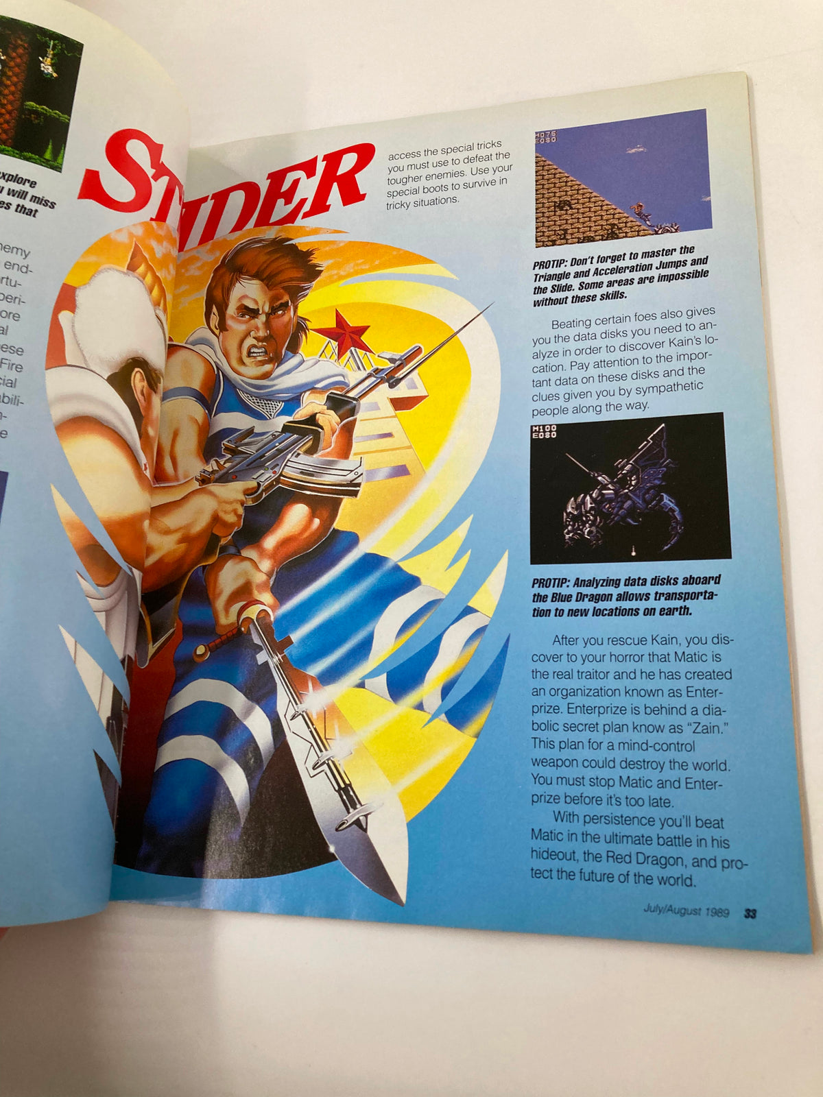 GamePro Magazine July 1989 featuring the game Snider, illustrating the action-packed gameplay and strategic elements involved.