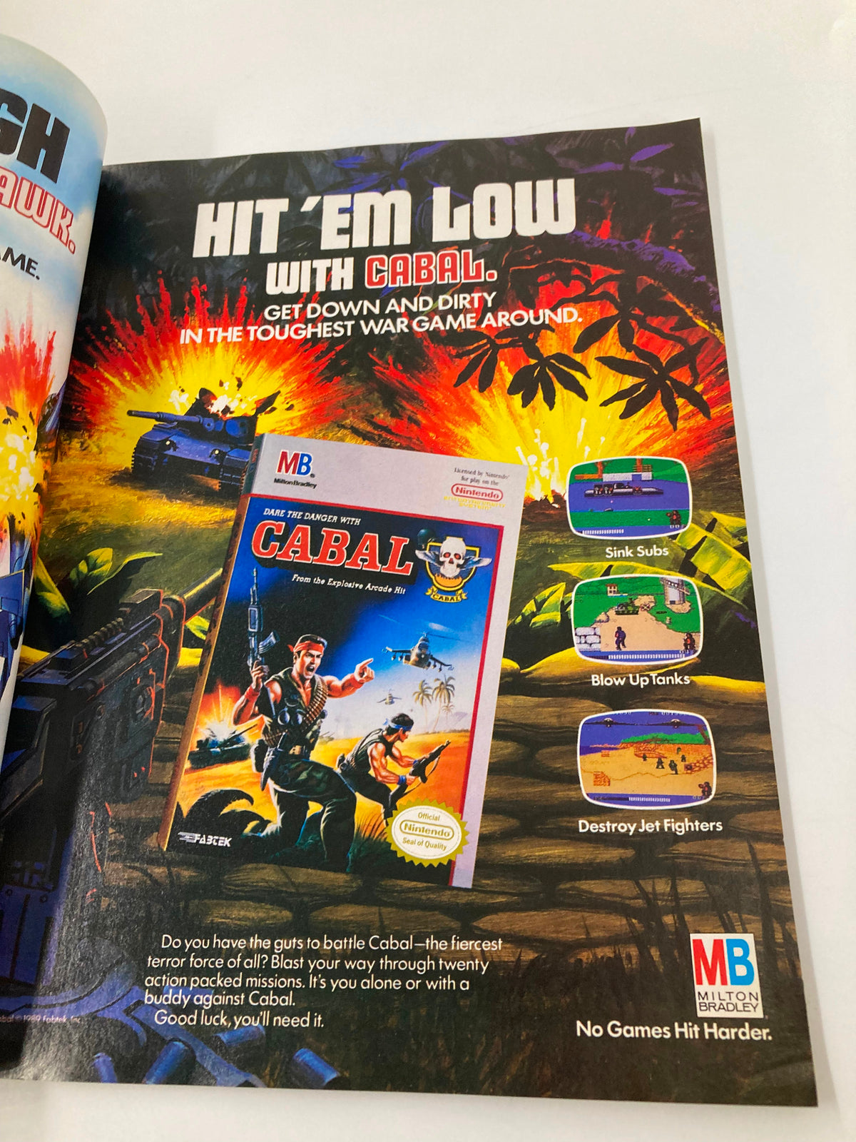 GamePro Magazine July 1990 showcasing an advertisement for the game Cabal, featuring explosive action graphics and promotional text highlighting gameplay features.