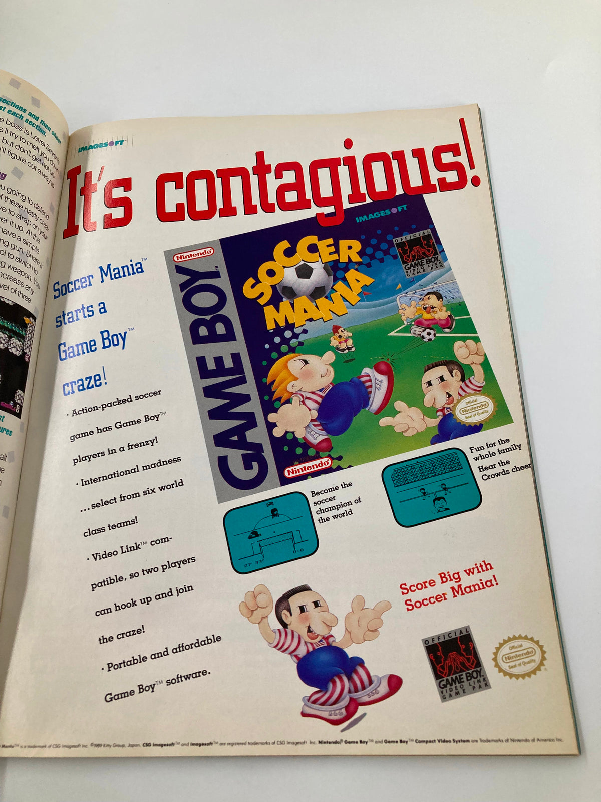 GamePro Magazine July 1990 highlighting an advertisement for Soccer Mania, showcasing the game cover and its engaging gameplay features.