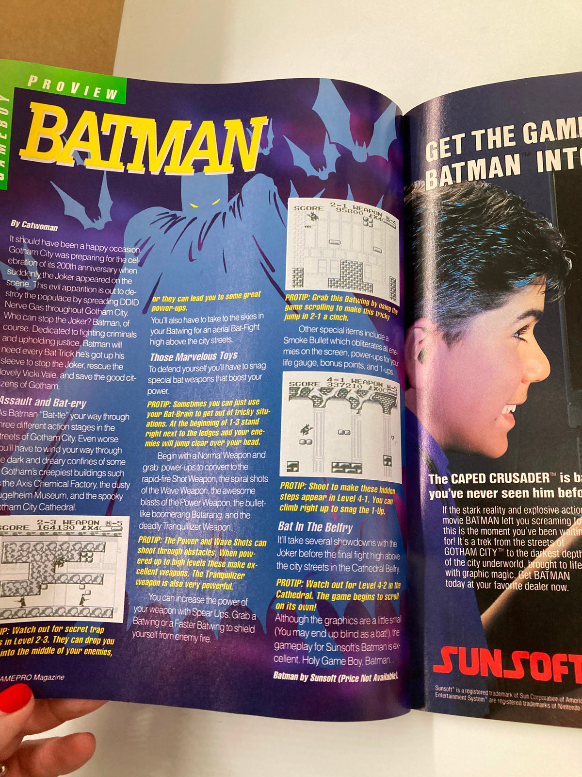GamePro Magazine July 1990 featuring a preview for the Batman video game by Sunsoft, with gameplay strategies and graphic screenshots.