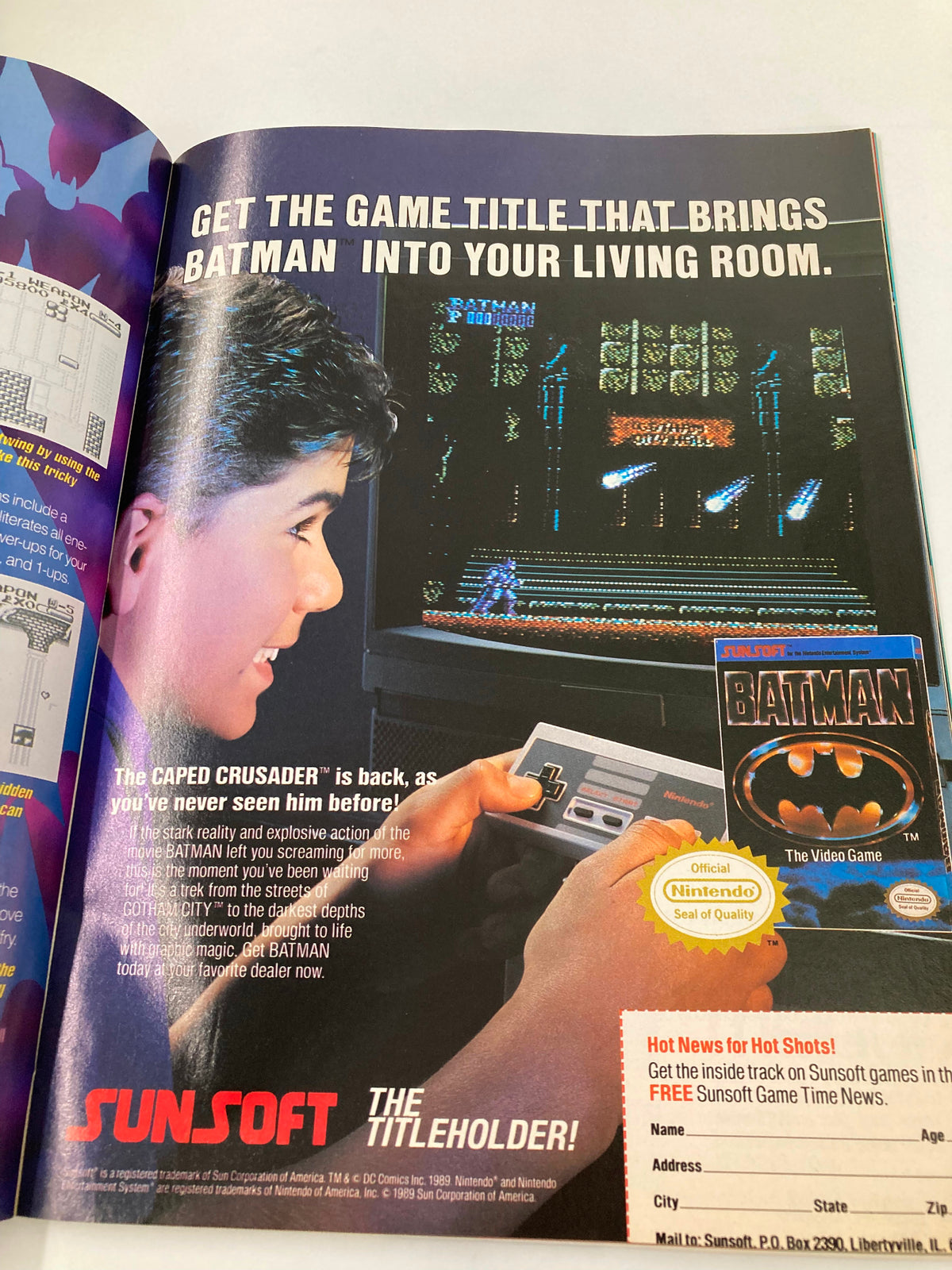Page from GamePro Magazine July 1990 featuring a colorful advertisement for the Nintendo Batman video game, showcasing a boy playing along with the game graphics and text promoting excitement about Batman's return.
