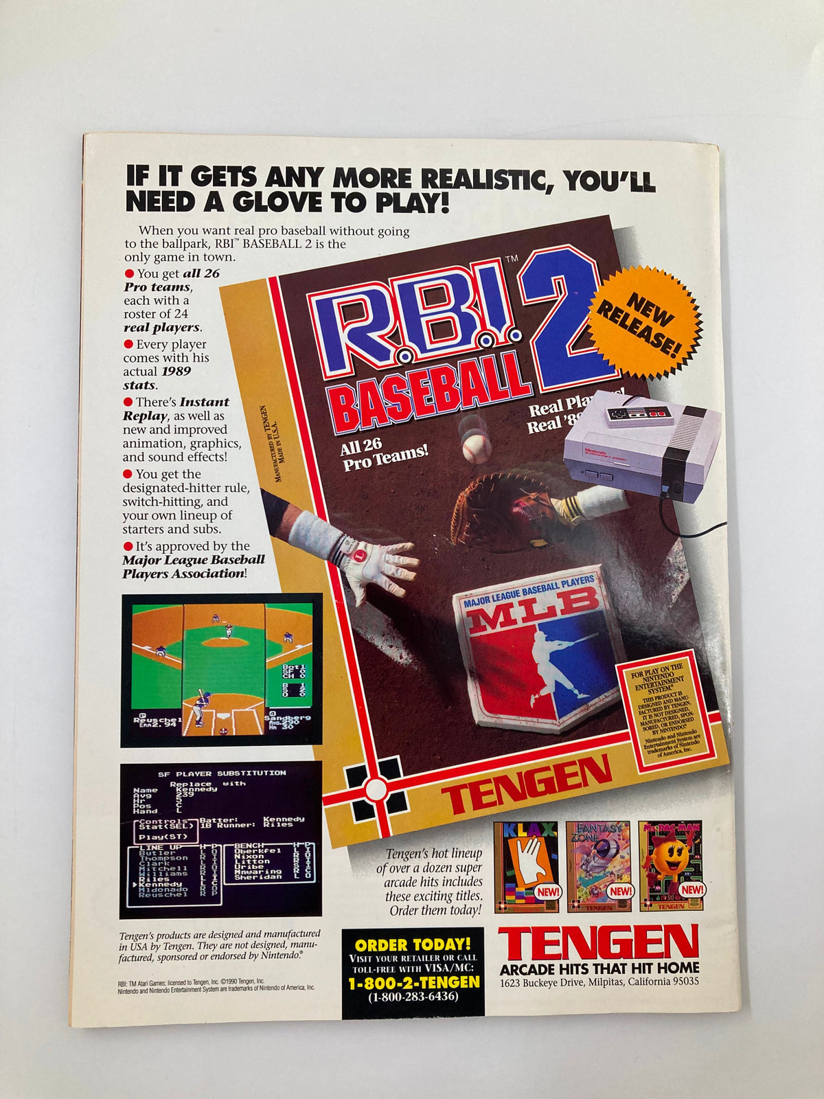 Advertisement in GamePro Magazine July 1990 promoting R.B.I. Baseball 2, featuring details about gameplay, teams, and graphics designed to attract baseball and gaming enthusiasts.