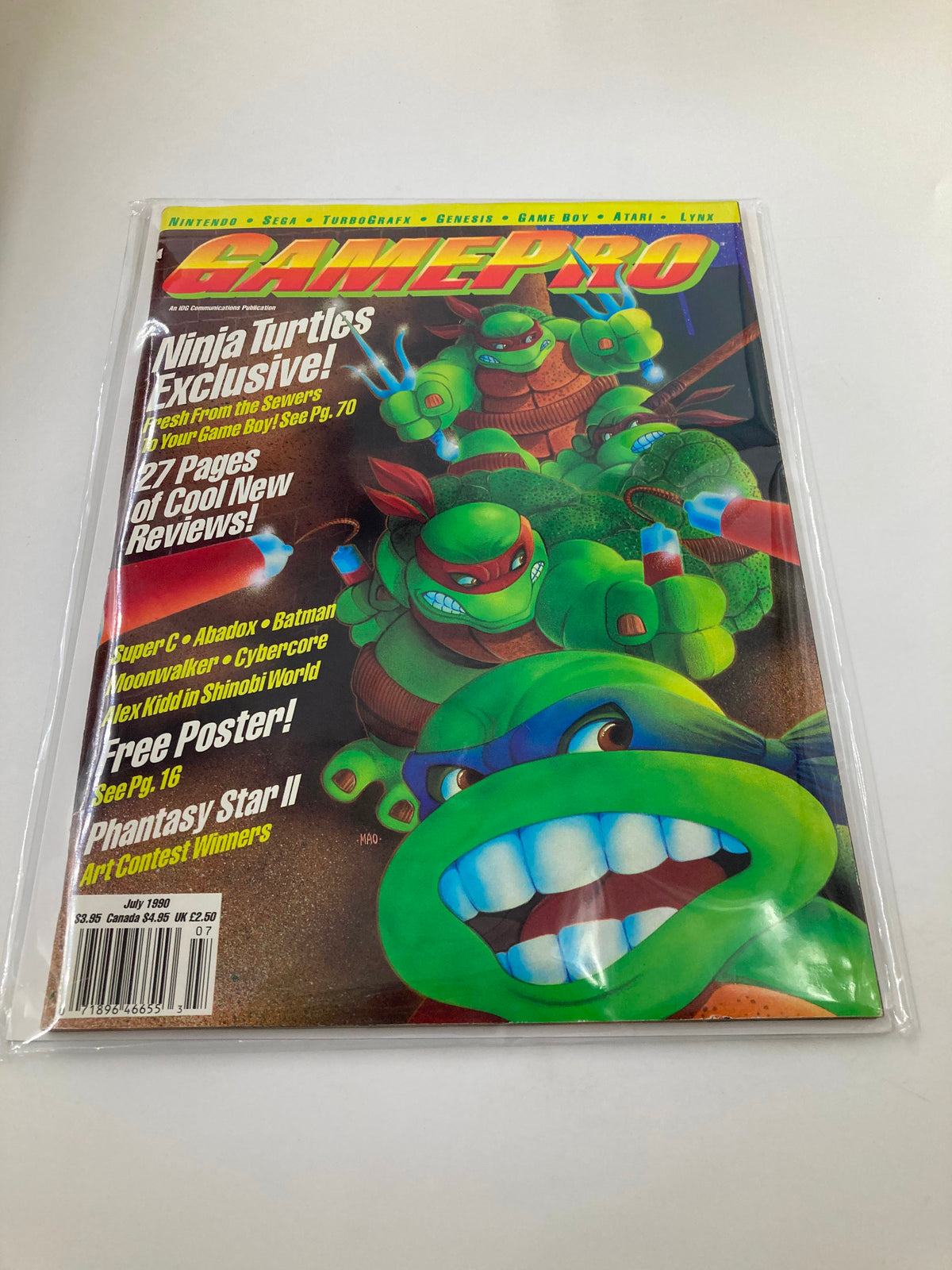 Cover of GamePro Magazine July 1990 showcasing the Teenage Mutant Ninja Turtles, with vibrant colors and images of the turtles, highlighting exclusive content related to their games.