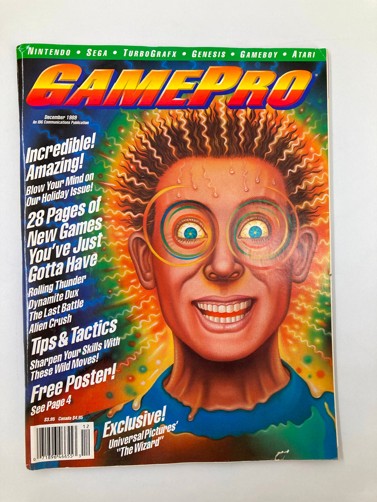 Cover of GamePro Magazine December 1989 featuring vibrant artwork and a graphic illustration of a smiling character with glasses, highlighting iconic games like Atari Crystal Castles and Double Dragon.