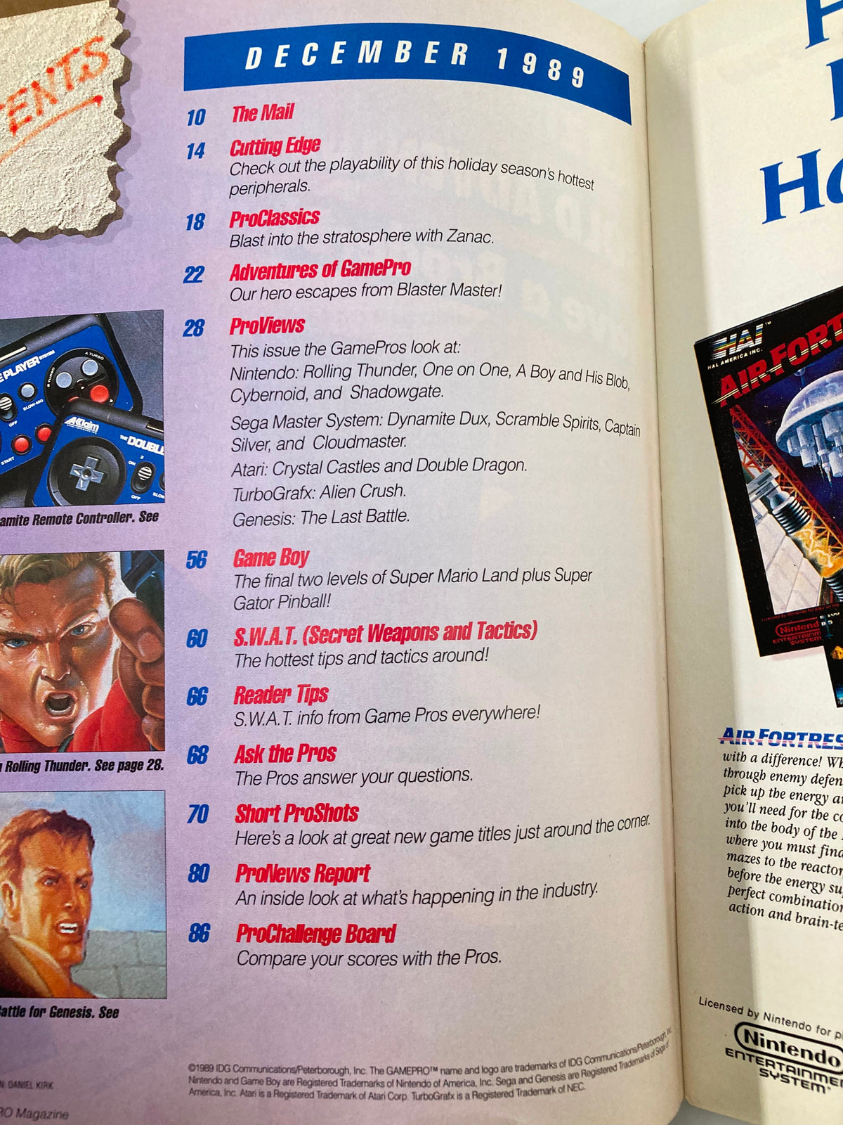 GamePro Magazine December 1989 table of contents featuring articles on Atari Crystal Castles and Double Dragon, along with game reviews and tips.