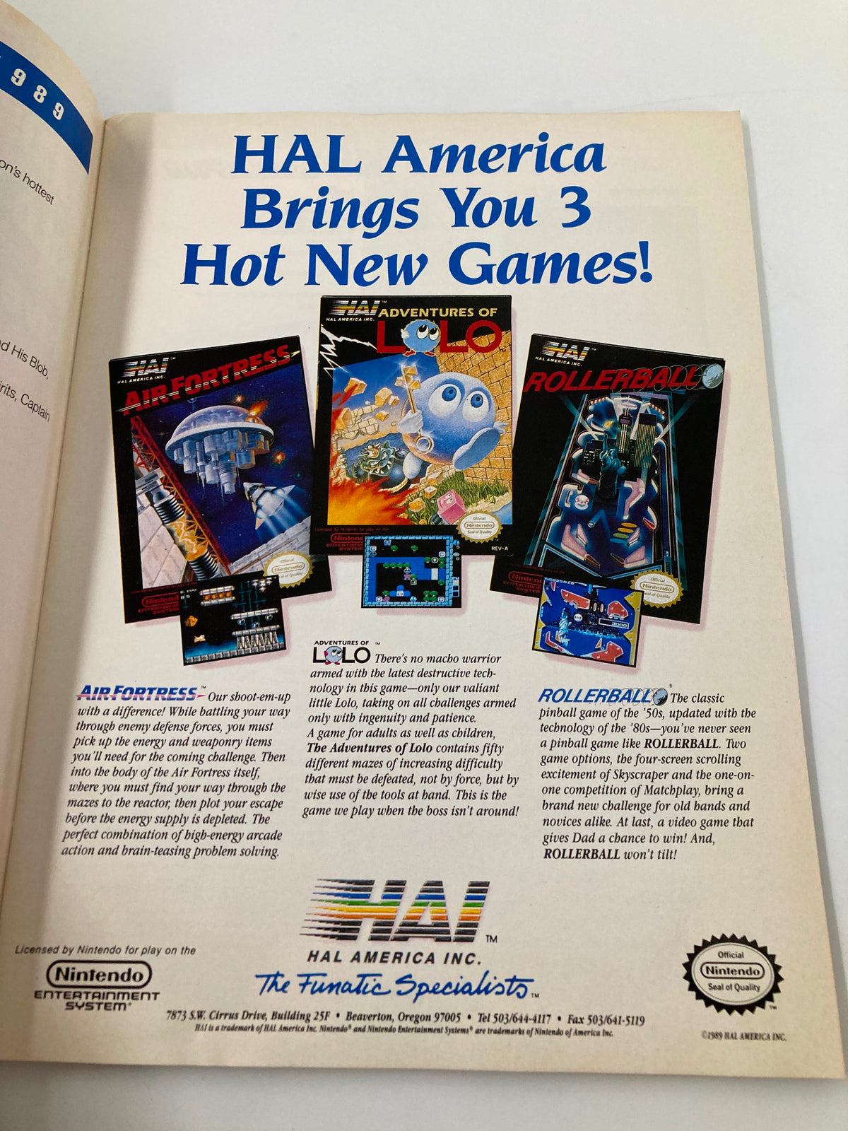 Advertisement in GamePro Magazine December 1989 showcasing three new Nintendo games: Air Fortress, Adventures of Lolo, and Rollerball.
