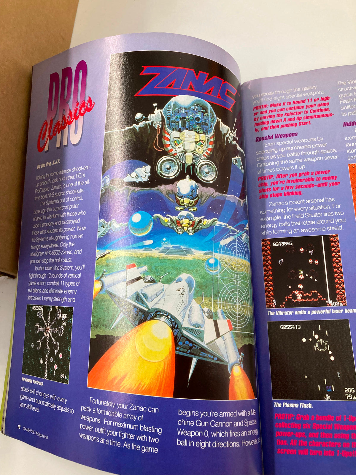 Section from GamePro Magazine December 1989 highlighting Pro Classics with a focus on the game Zanac and its special features.