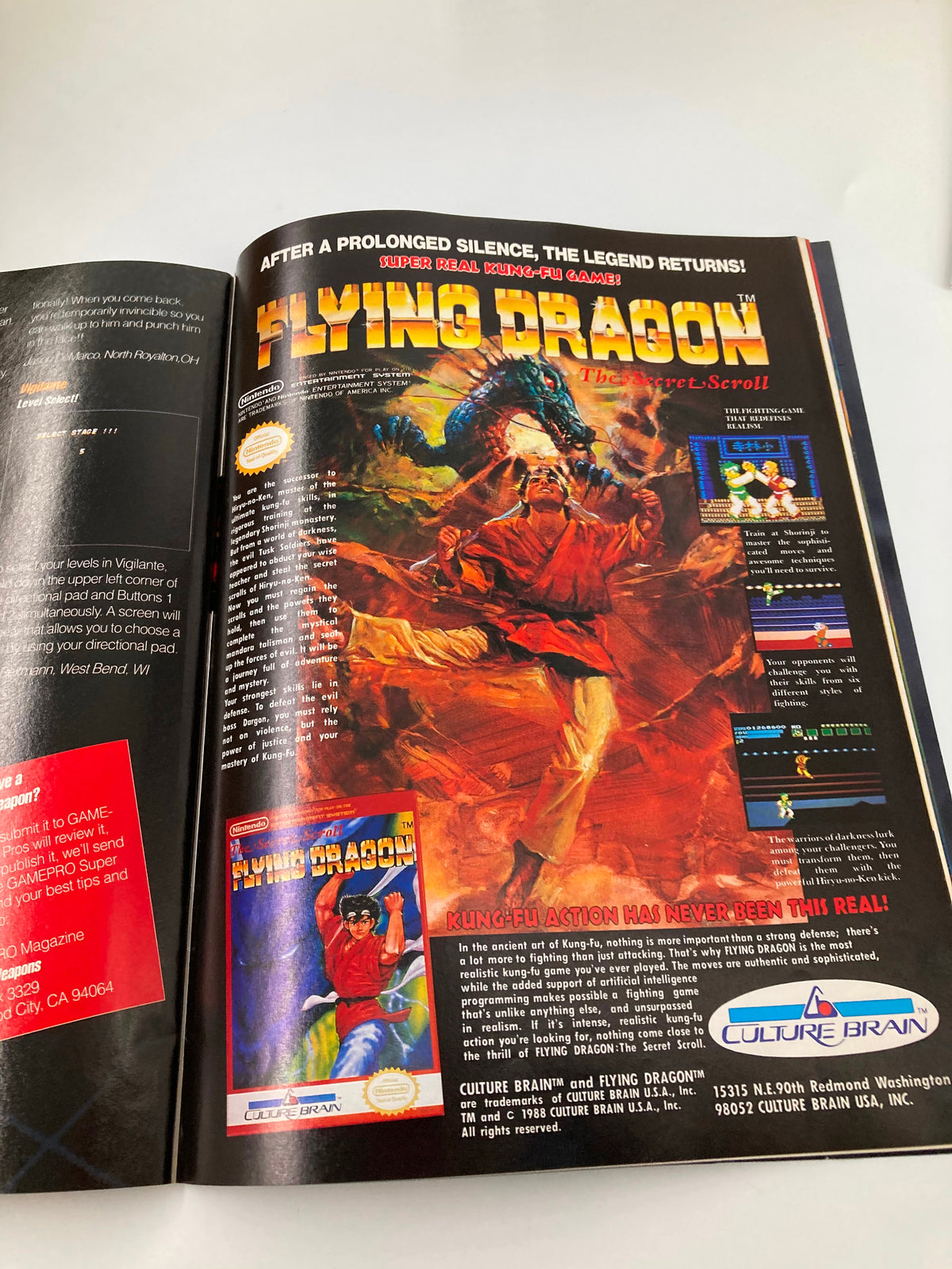 GamePro Magazine December 1989 featuring an advertisement for Flying Dragon: The Secret Scroll, showcasing Kung-Fu action and game details.