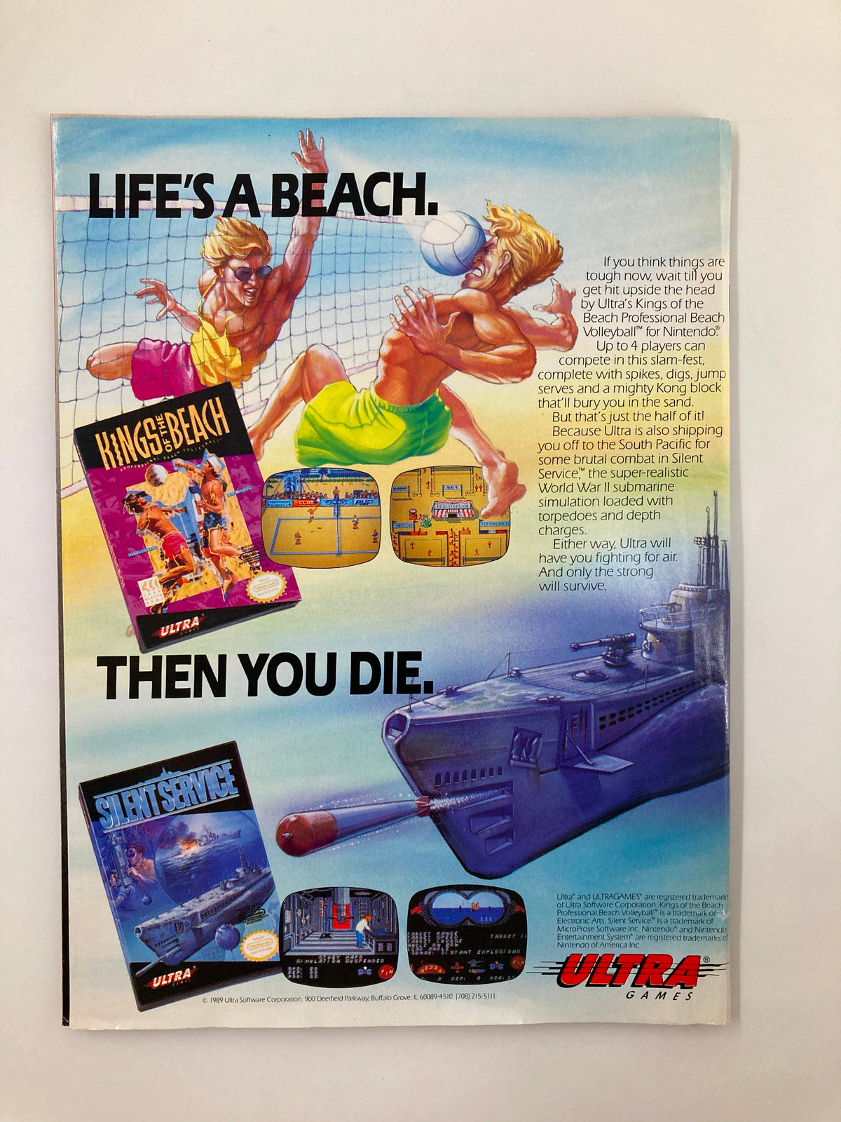 GamePro Magazine December 1989 displaying a vibrant advertisement for Ultra Games' Kings of the Beach and Silent Service, emphasizing competitive gameplay.