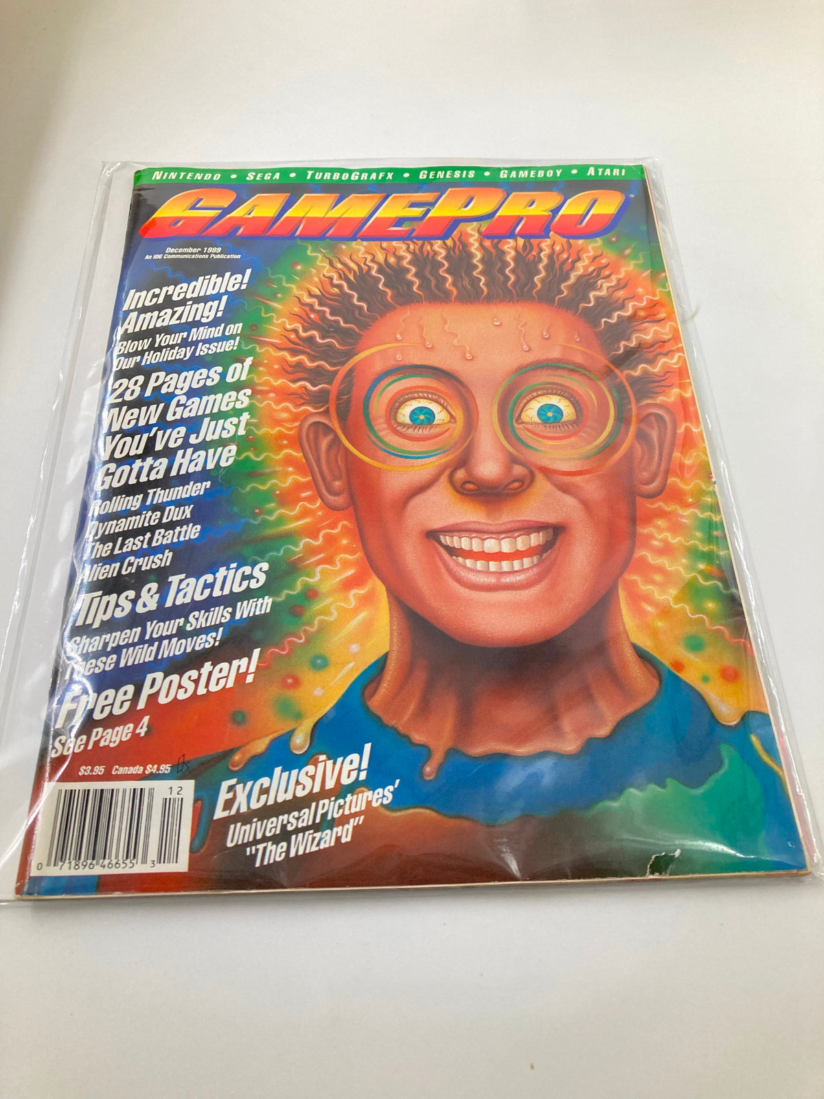Cover of GamePro Magazine December 1989 featuring vibrant artwork with a character designed with exaggerated facial features, colorful background, and text highlighting new video game releases, including a focus on Atari and Nintendo. This collectible issue includes features on Atari Crystal Castles and Double Dragon, reflecting the gaming culture of the late '80s.