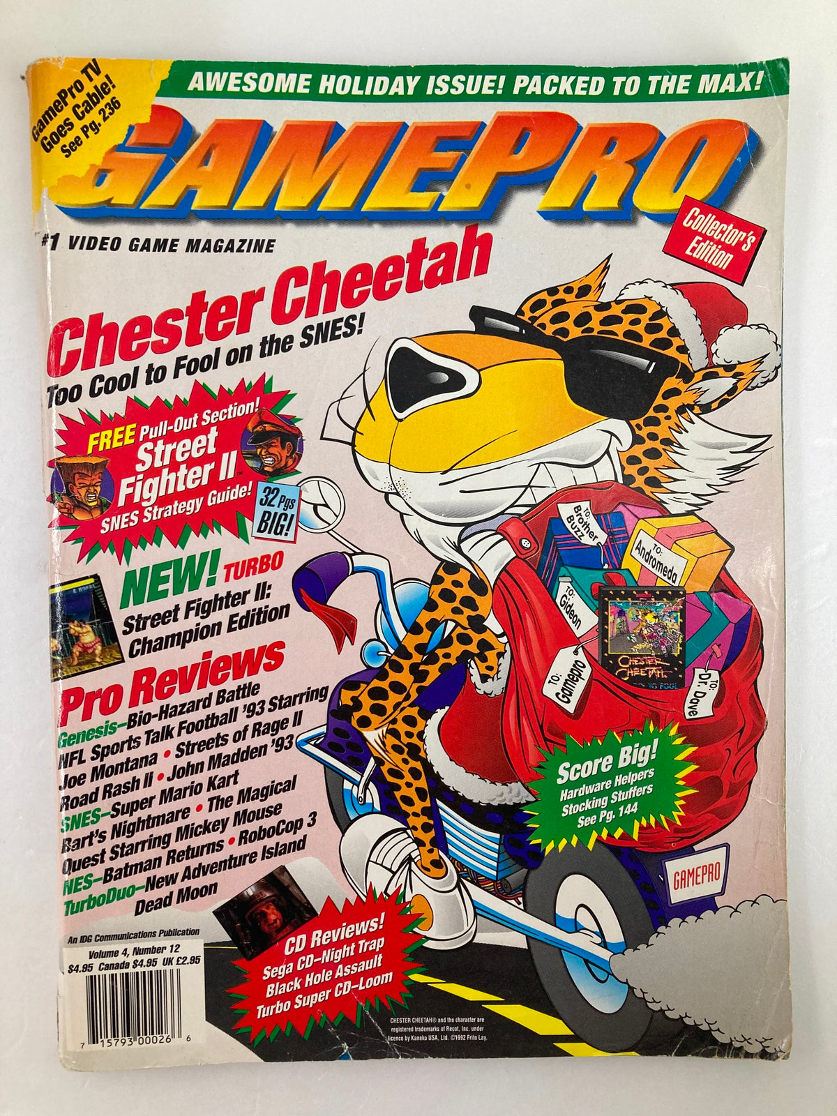 GamePro Magazine Vol 4 #12 featuring Chester Cheetah on the cover, celebrating retro gaming culture and highlighting Street Fighter II, December 1992 issue.