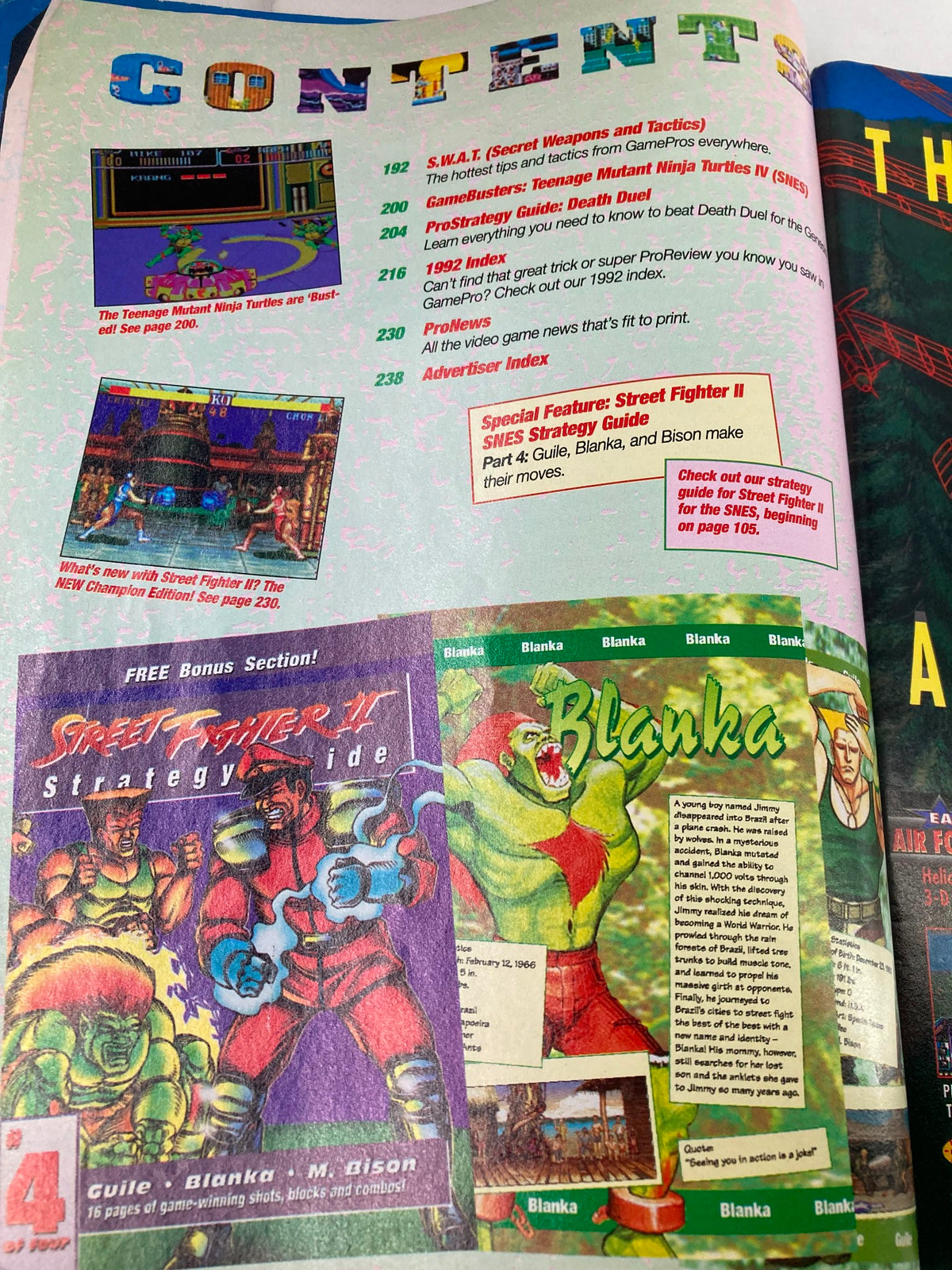 Another table of contents page from GamePro Magazine Vol 4 #12, listing features, including the Street Fighter II strategy guide.