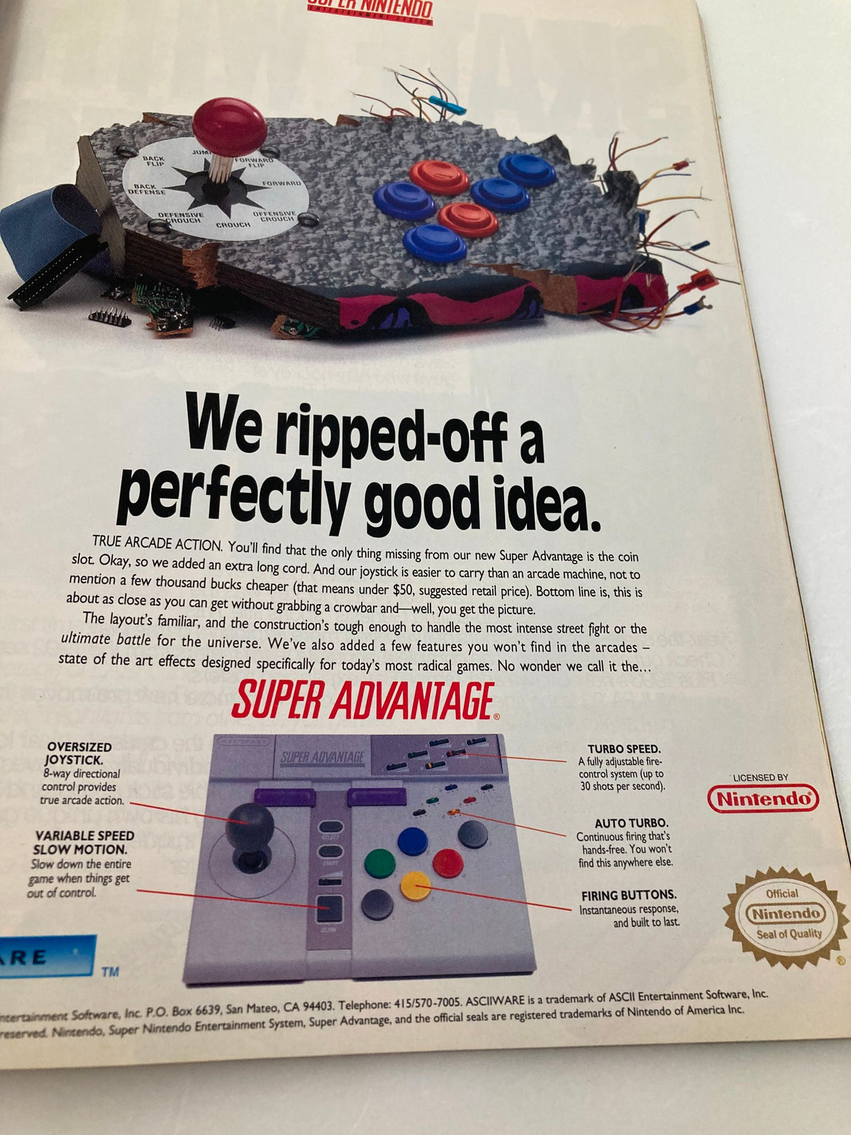 GamePro Magazine Vol 4 #12 December 1992 featuring an advertisement for the Super Advantage controller showing its unique joystick design and features.