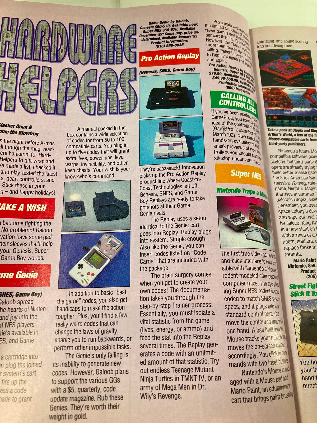 GamePro Magazine Vol 4 #12 December 1992 displaying the Hardware Helpers page, showcasing the Pro Action Replay device for Genesis, SNES, and Game Boy.