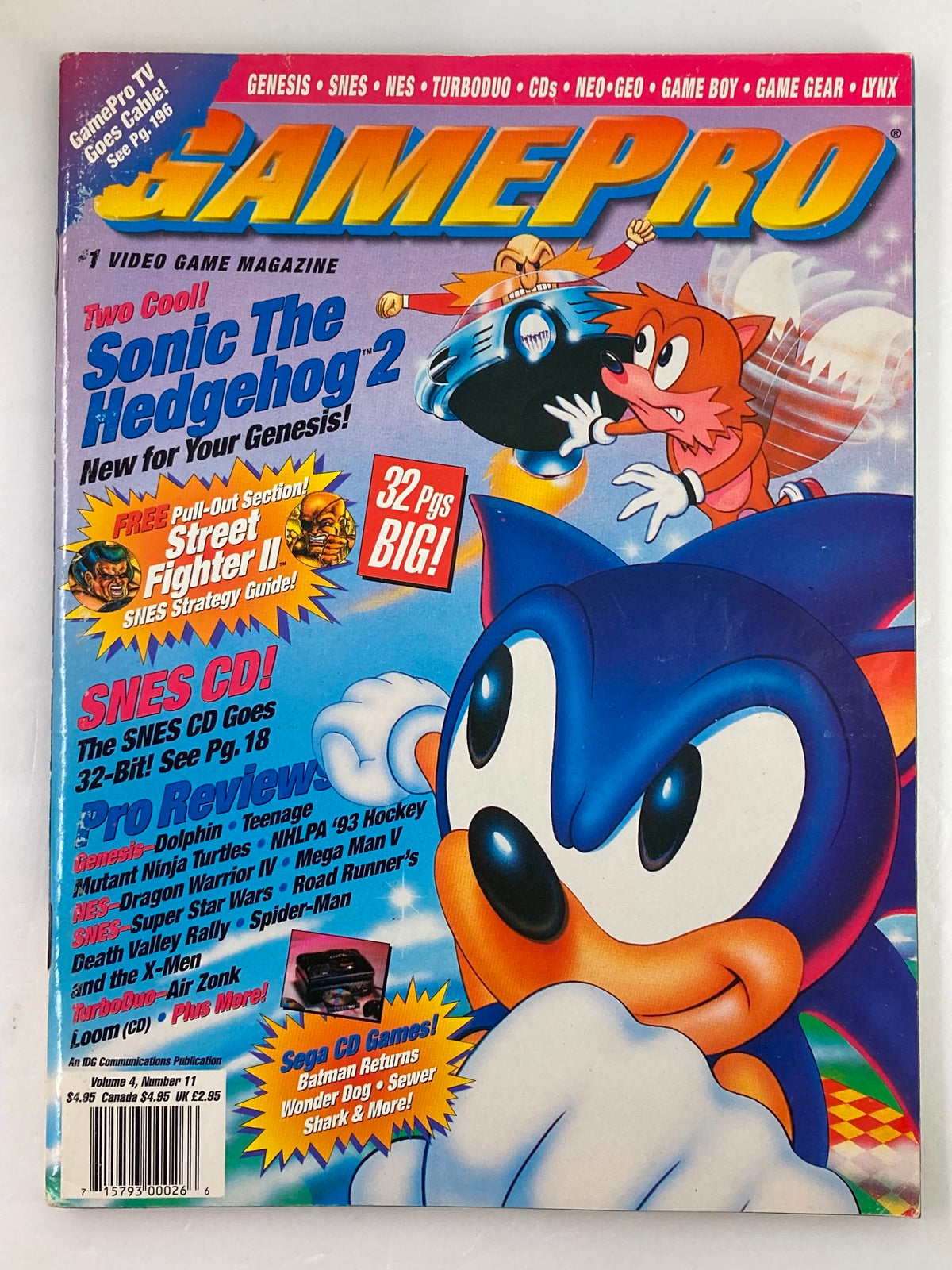 Cover of GamePro Magazine Vol 4 #11 featuring Sonic the Hedgehog 2, November 1992, showcasing vibrant artwork of Sonic and Tails, highlighting game features and collectibles for Sega Genesis.