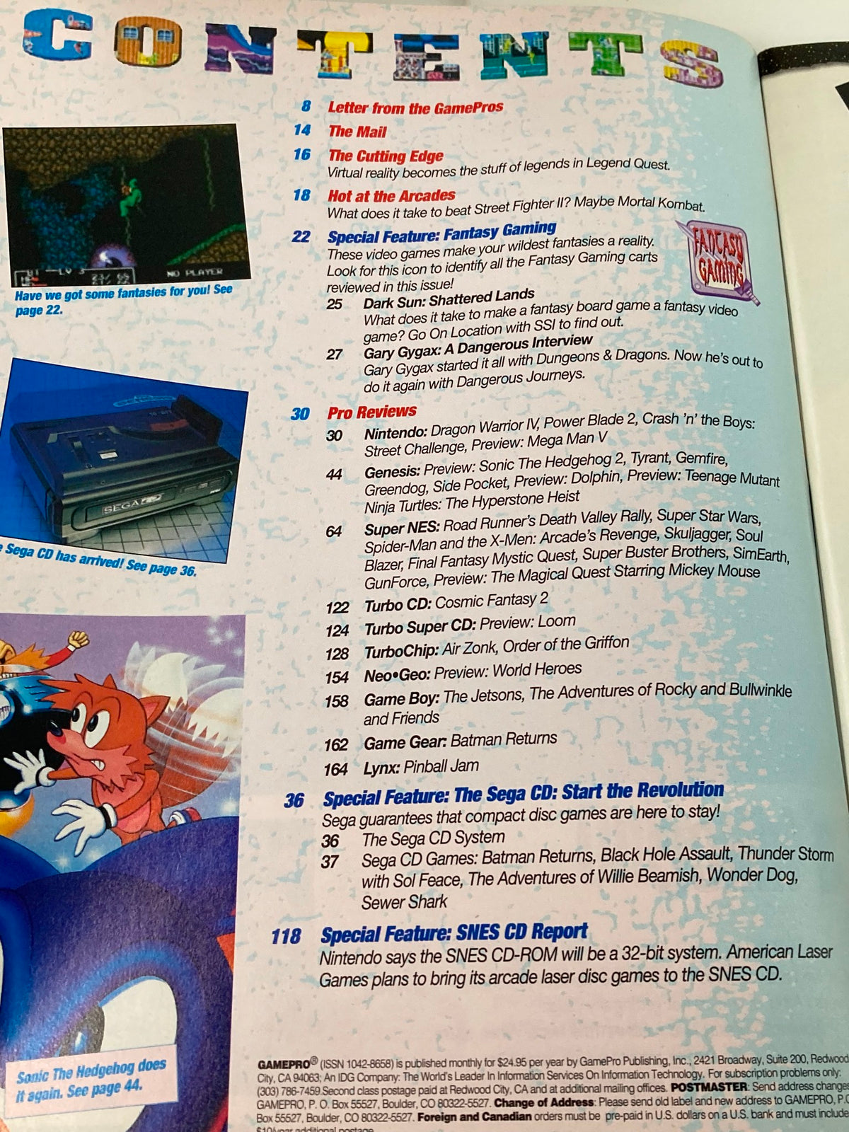 Table of contents from GamePro Magazine Vol 4 #11, November 1992, listing featured articles and special features related to gaming and Sonic the Hedgehog 2.