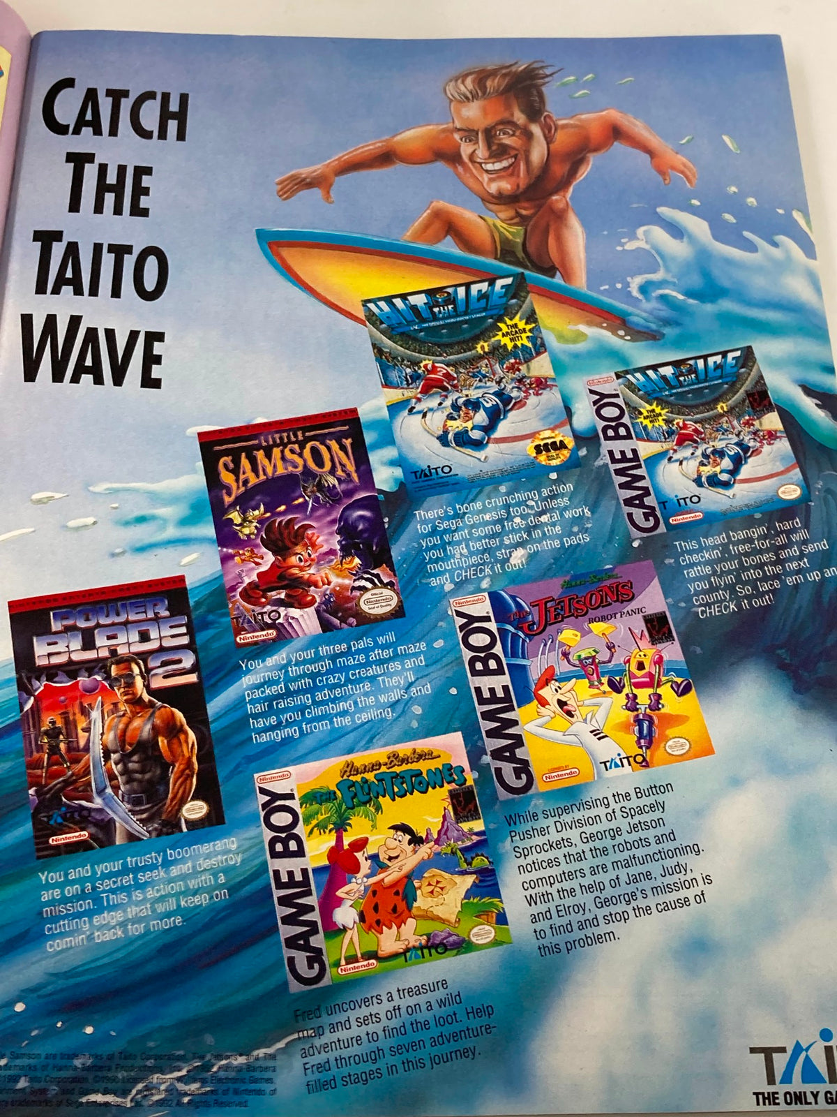 Advertisement page from GamePro Magazine Vol 4 #11, November 1992, showcasing various Taito games with vibrant graphics and descriptions, inviting readers to catch the Taito wave.