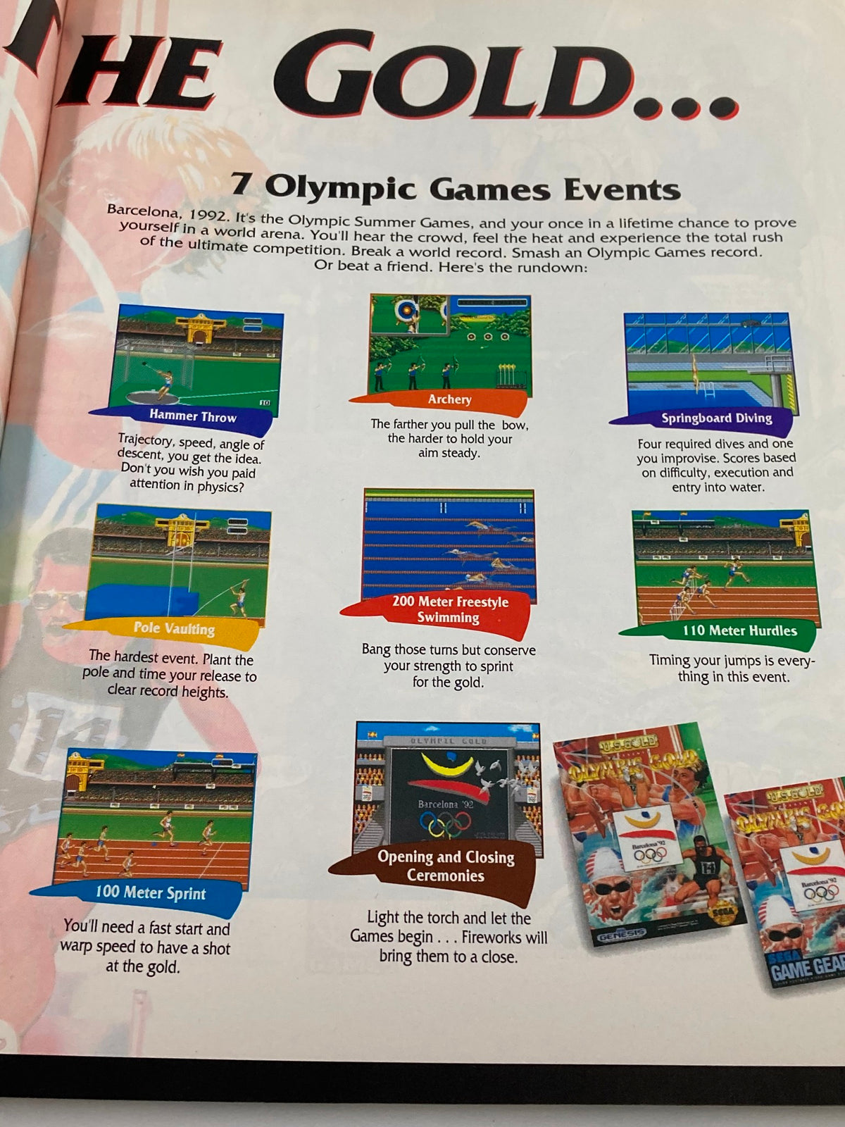GamePro Magazine Vol 4 #11 showcases Olympic Games events from 1992, including Hammer Throw, Archery, Springboard Diving, and more, in a colorful layout with gaming graphics and descriptions.
