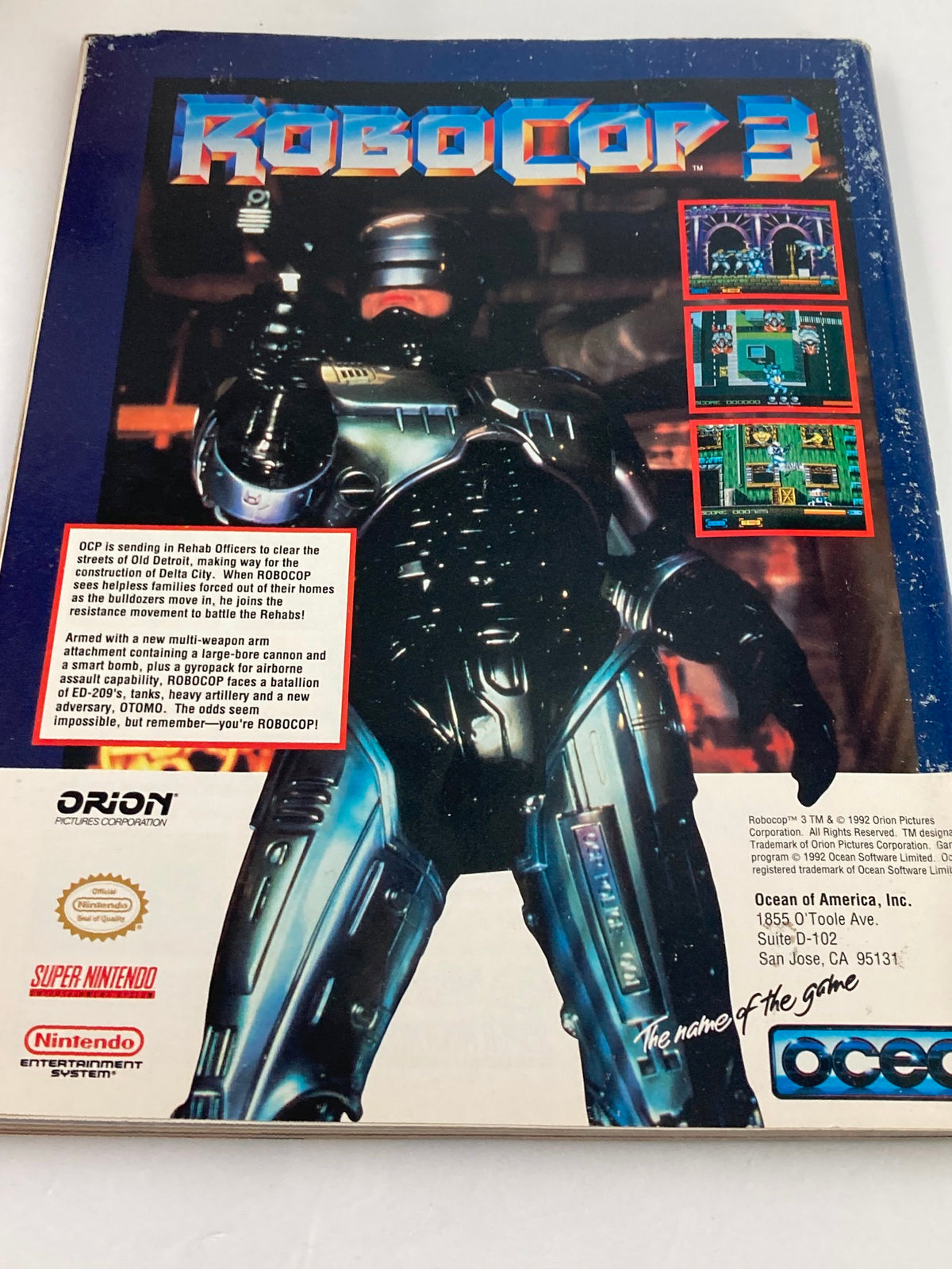 GamePro Magazine Vol 4 #11 showcasing the cover of Robocop 3 video game with a printed description of the gameplay elements, accompanied by images of in-game action and character details.