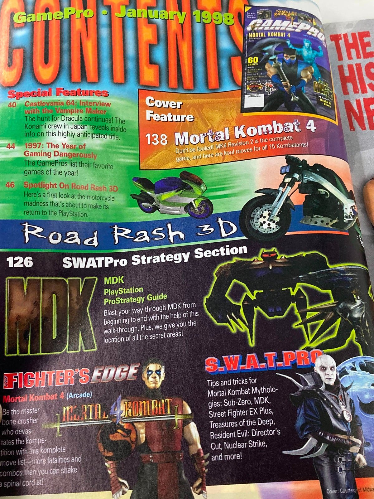 Interior page of GamePro Magazine January 1998 displaying the contents including features on Mortal Kombat 4, gaming strategies, and major titles of that year.