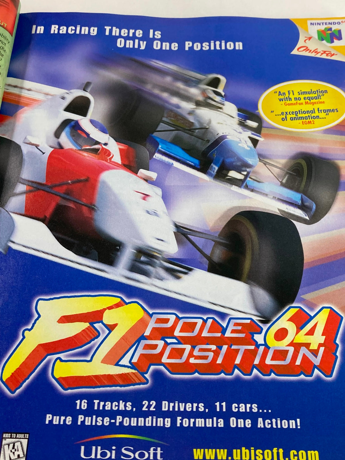 Promotional page from GamePro Magazine January 1998 for F1 Pole Position, an exciting racing game for Nintendo 64.