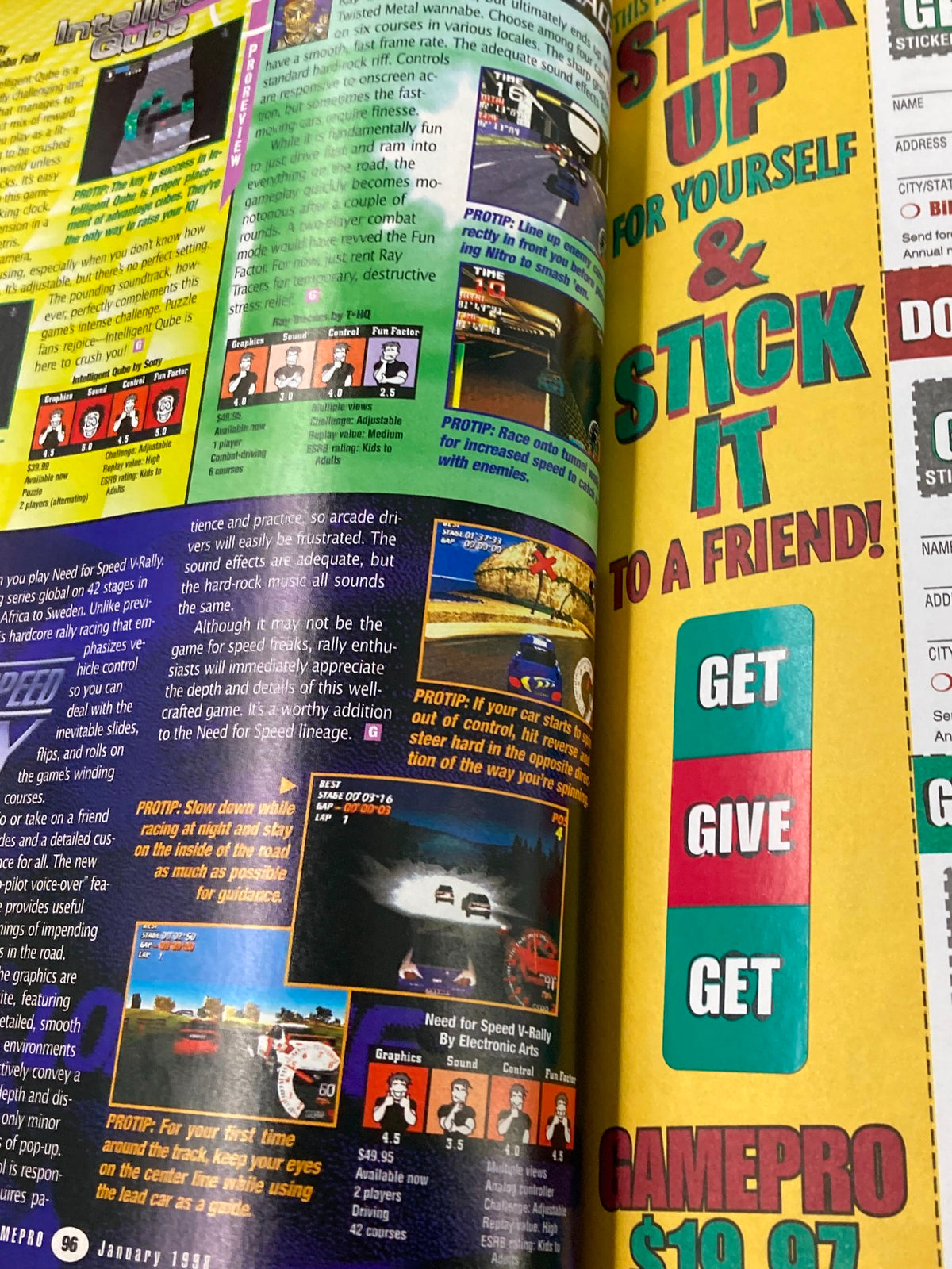GamePro Magazine January 1998 - Mortal Kombat 4 and Quick II Riven presenting a review section on racing games, including Need for Speed V-Rally.
