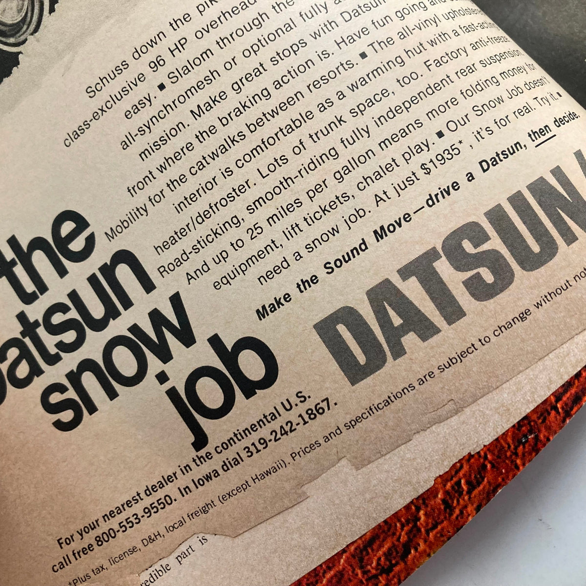 Advertisement section from the February 16, 1970, Time Magazine featuring Jane, Henry, and Peter Fonda, showcasing a Datsun vehicle.