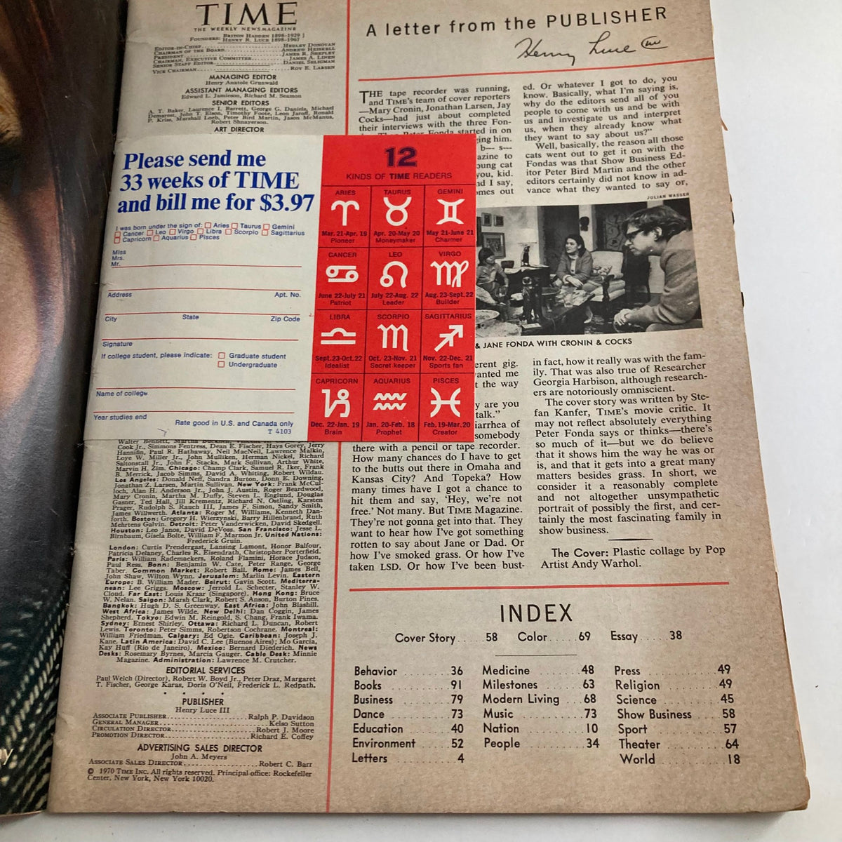Publisher's letter and index from the February 16, 1970, Time Magazine featuring Jane, Henry, and Peter Fonda, highlighting content layout.