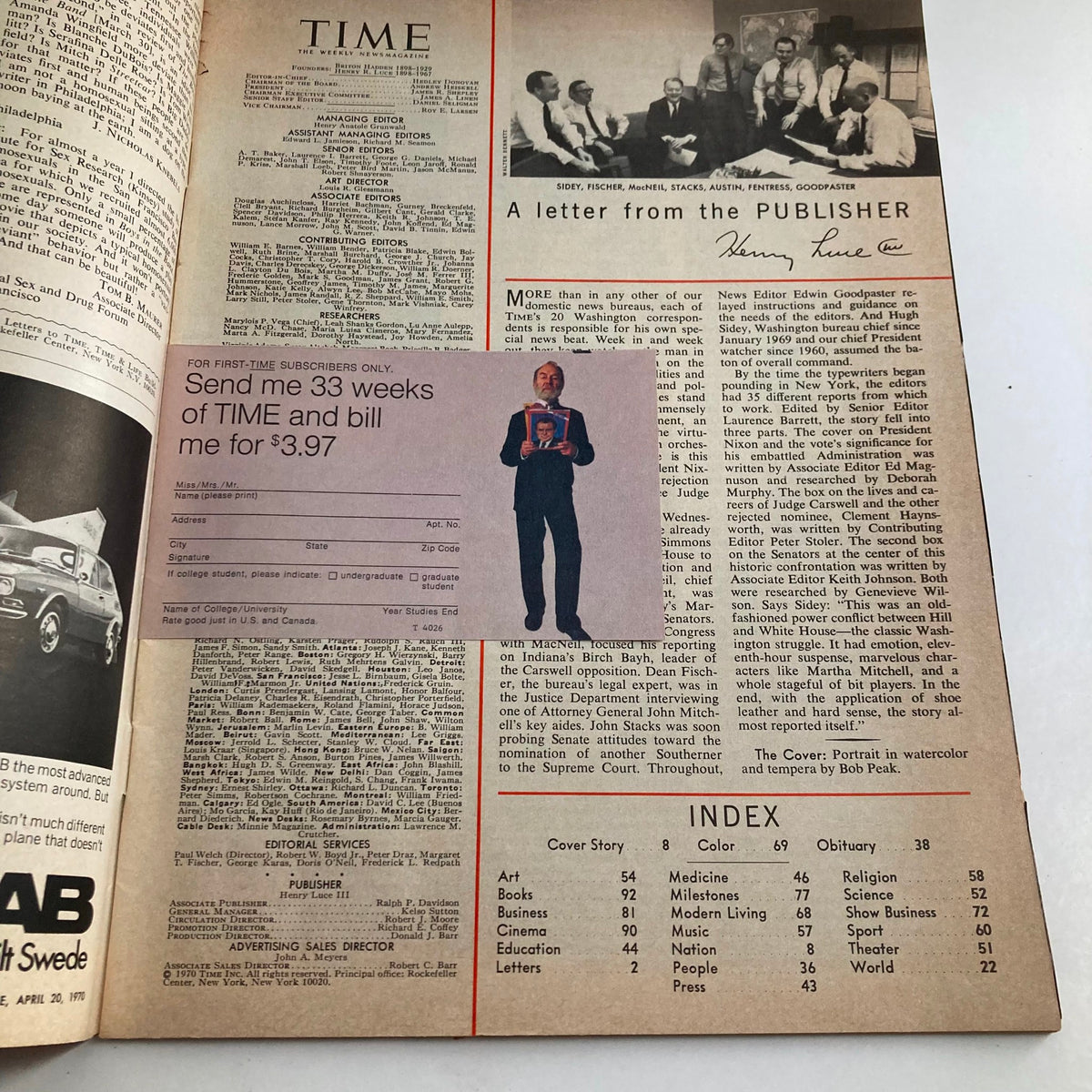 Inside page of VTG Time Magazine April 20 1970 displaying a letter from the publisher and subscription information, offering insights into Nixon's presidency and the magazine's content.