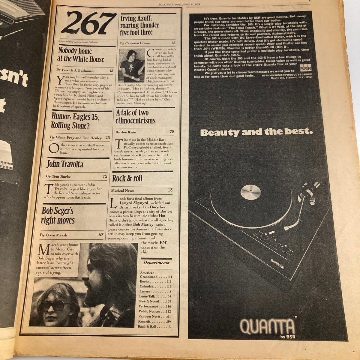 Inside page of Rolling Stone Magazine June 15 1978, issue number 267, featuring articles including one about John Travolta and a listing of contents.