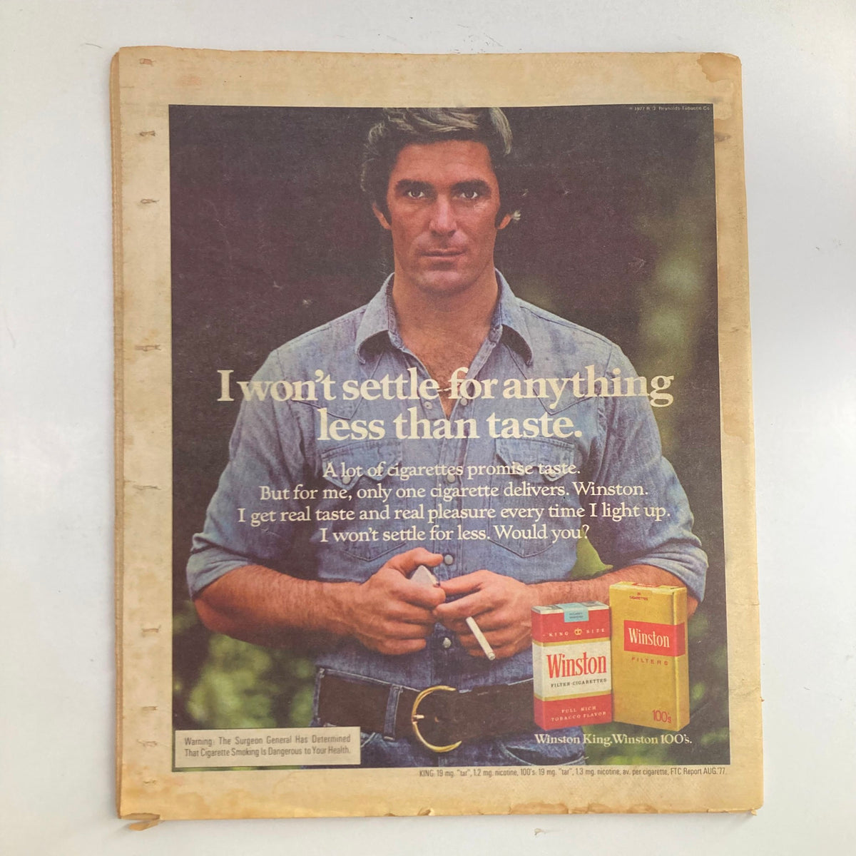 Back cover of Rolling Stone Magazine March 23 1978 No. 261 featuring a cigarette advertisement for Winston, highlighting a man promoting the brand with the tagline, 'I won't settle for anything less than taste'.
