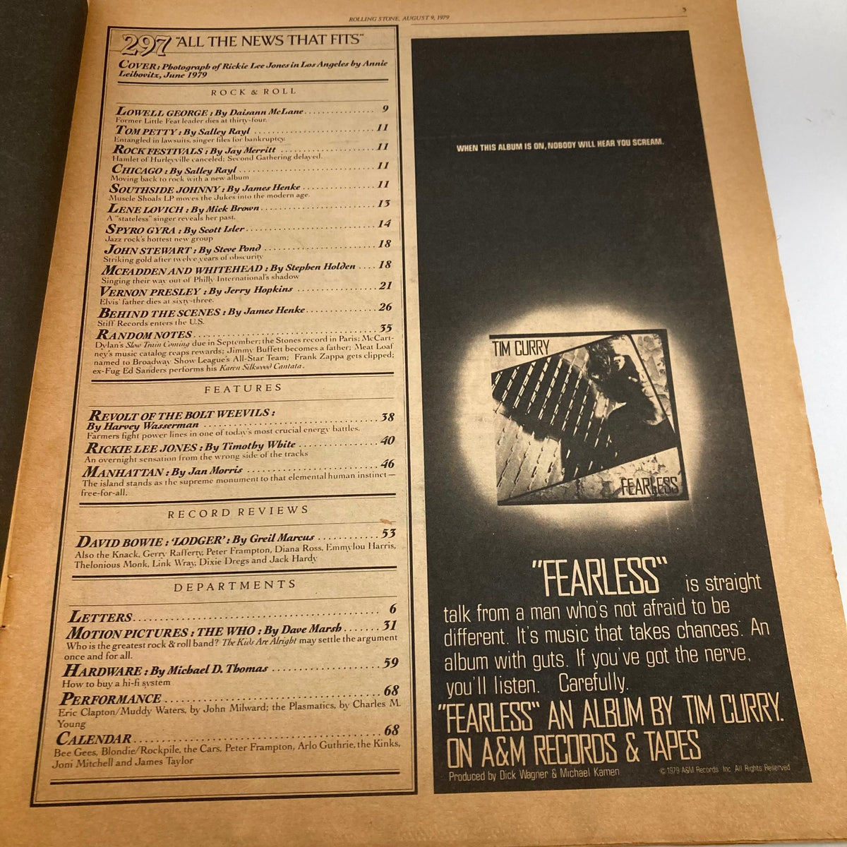 Interior page of Rolling Stone Magazine August 9, 1979, displaying the table of contents, featuring articles about Rickie Lee Jones and other significant musicians of the era.