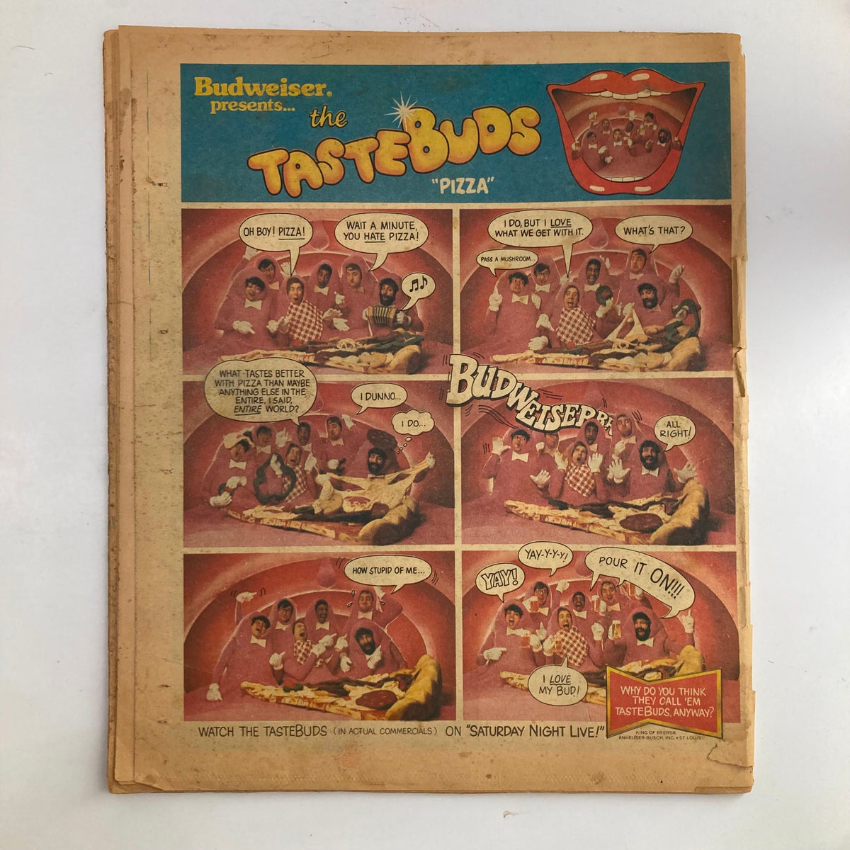 Vintage advertisement for Budweiser's Tastebuds pizza featuring a colorful comic strip design. The comic showcases characters expressing joy and excitement about pizza, with playful dialogue bubbles. This image accompanies the article on Rolling Stone Magazine dated August 9, 1979, focusing on Rickie Lee Jones.