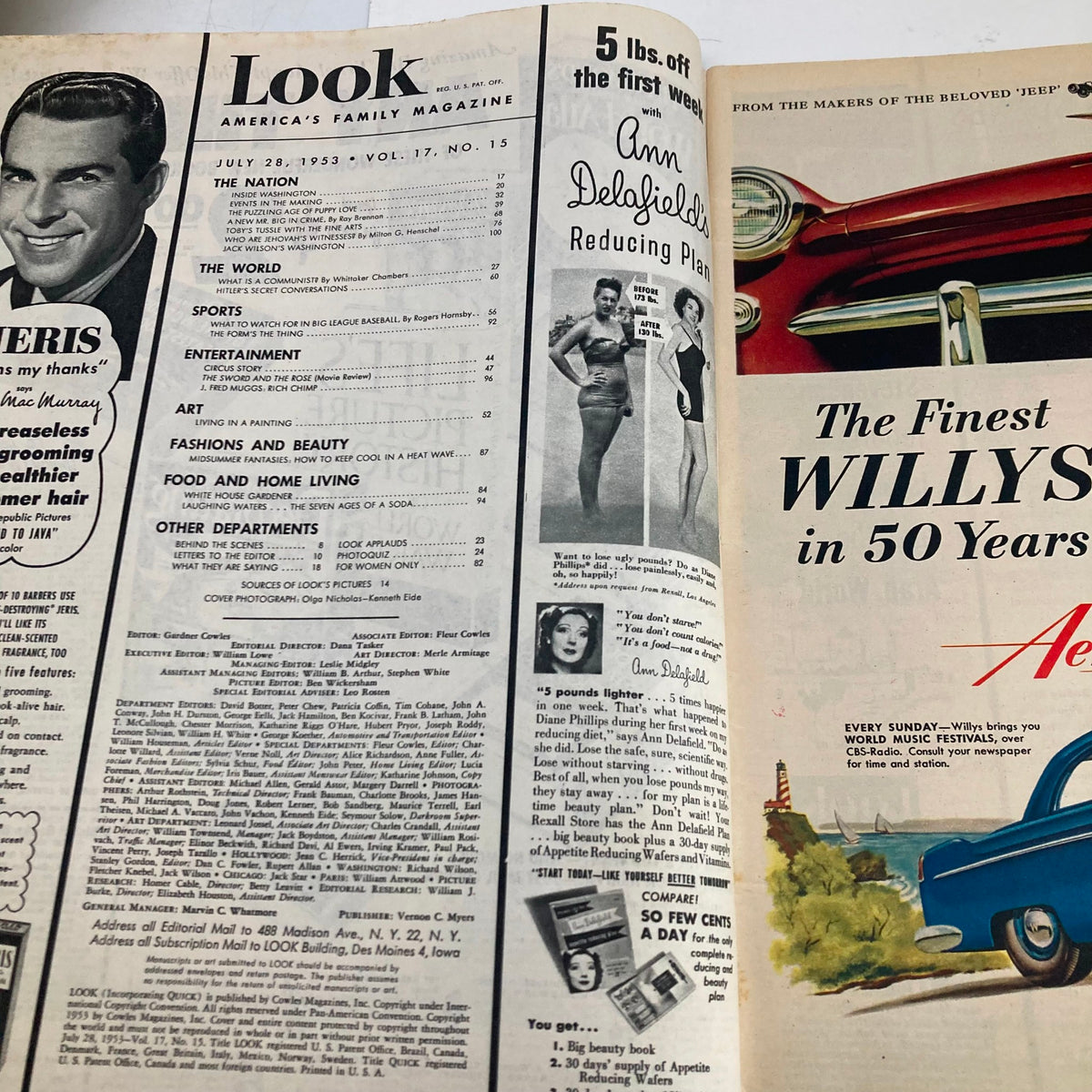 Interior page of VTG Look Magazine July 28 1953 showing the table of contents and advertisements, reflecting the magazine's content and design insights from the era.