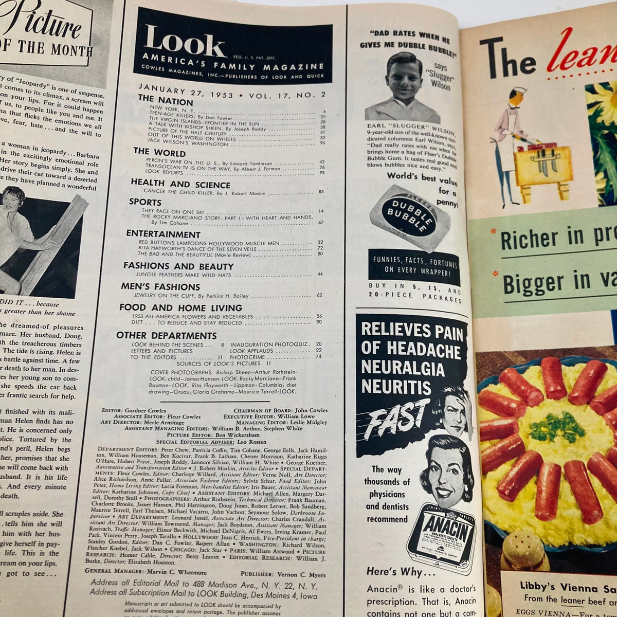 Interior page of VTG Look Magazine January 27 1953 displaying the table of contents that outlines articles on sports, health, entertainment, and fashion from the mid-20th century.