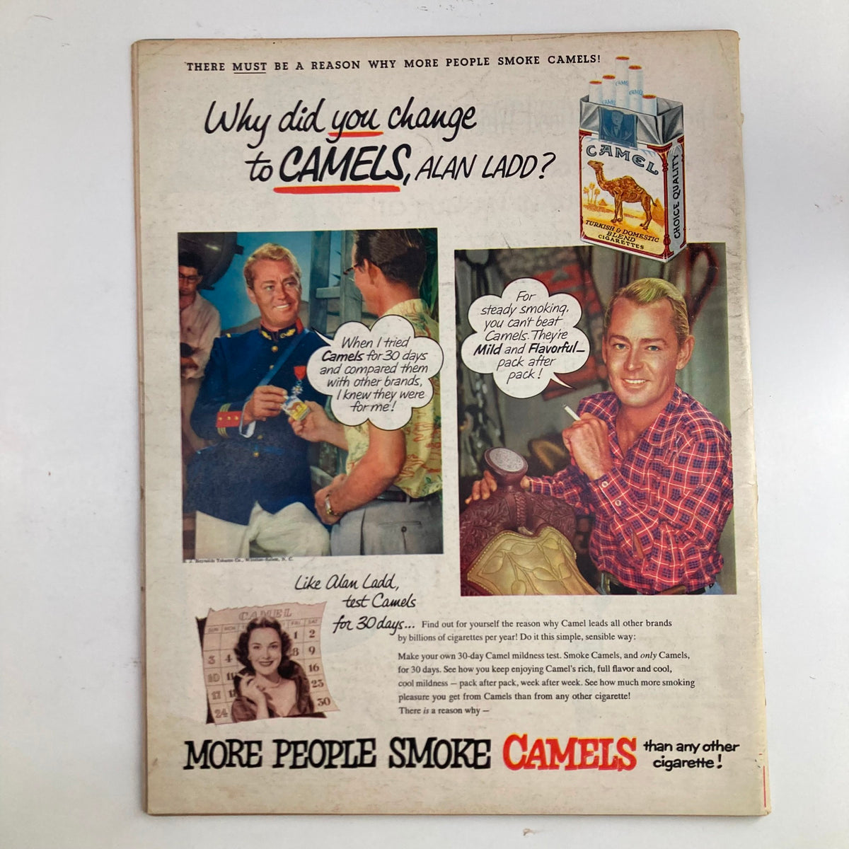 Back cover of VTG Look Magazine January 27 1953 featuring an advertisement for Camels cigarettes with Alan Ladd, highlighting vintage advertising techniques and celebrity endorsements.