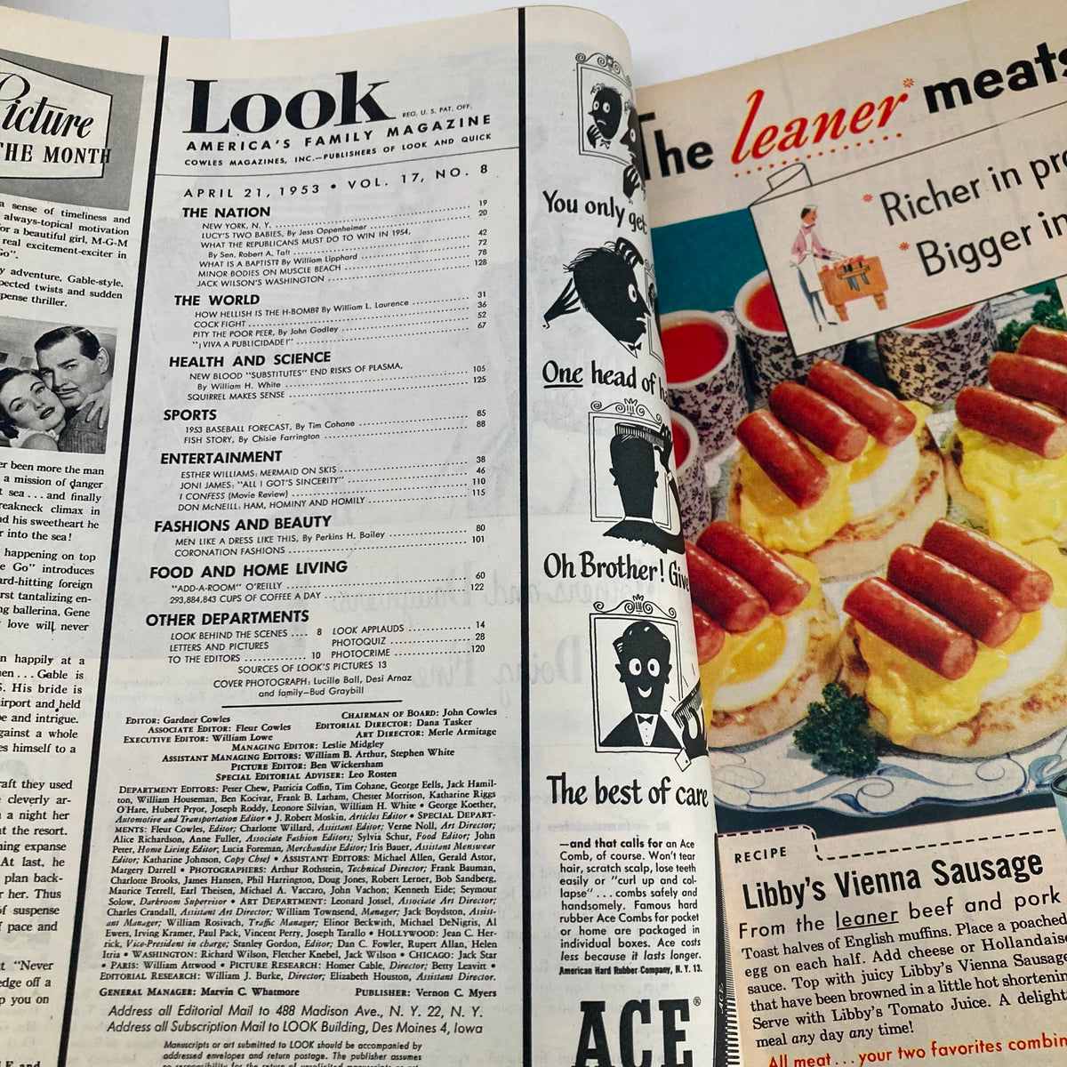 Inside pages of VTG Look Magazine April 21 1953 displaying the table of contents and advertisements, highlighting the vintage design and layout.