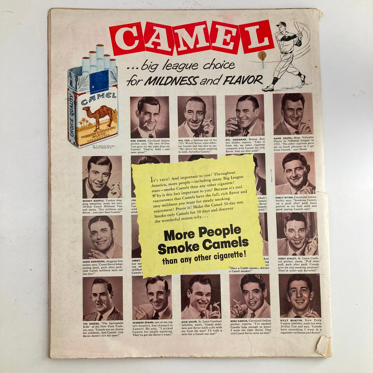 Vintage advertisement page from VTG Look Magazine April 21 1953 featuring Camel cigarettes and various celebrities, including Mickey Mantle and other sports figures.
