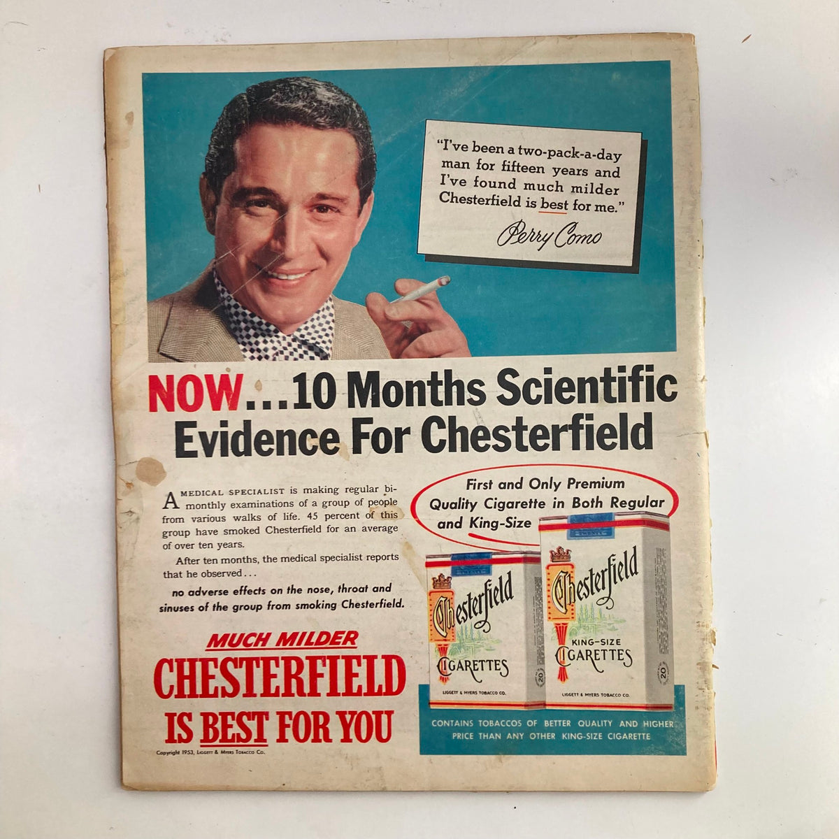 Vintage Look Magazine cover from March 24, 1953, featuring Joanne Gilbert, showcasing 10 Months Scientific Evidence for Chesterfield Cigarettes with Perry Como's endorsement. The cover has a classic 1950s design with vivid colors.