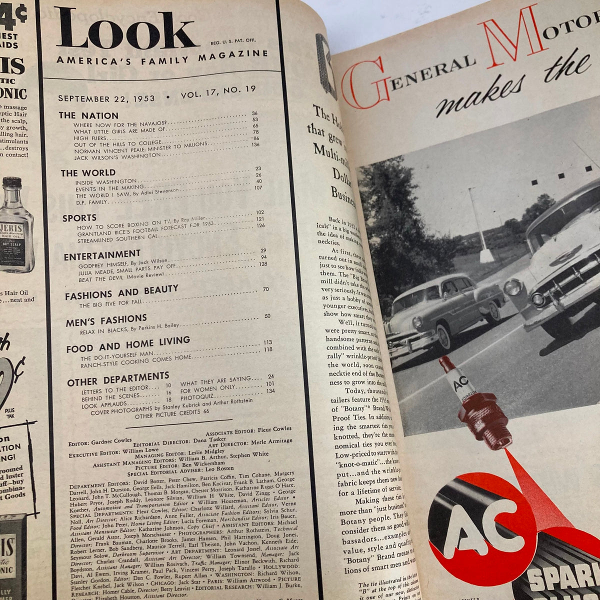 Inside page of VTG Look Magazine September 22 1953 displaying the table of contents, highlighting various sections including entertainment and fashions.