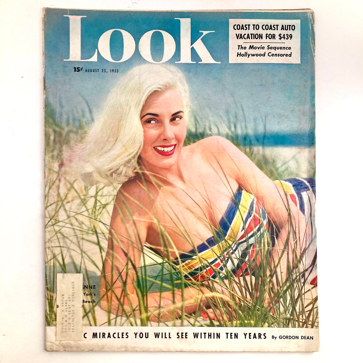 Cover of VTG Look Magazine August 25 1953 featuring a stunning woman at New York's Jones Beach, highlighting mid-century glamour and style.