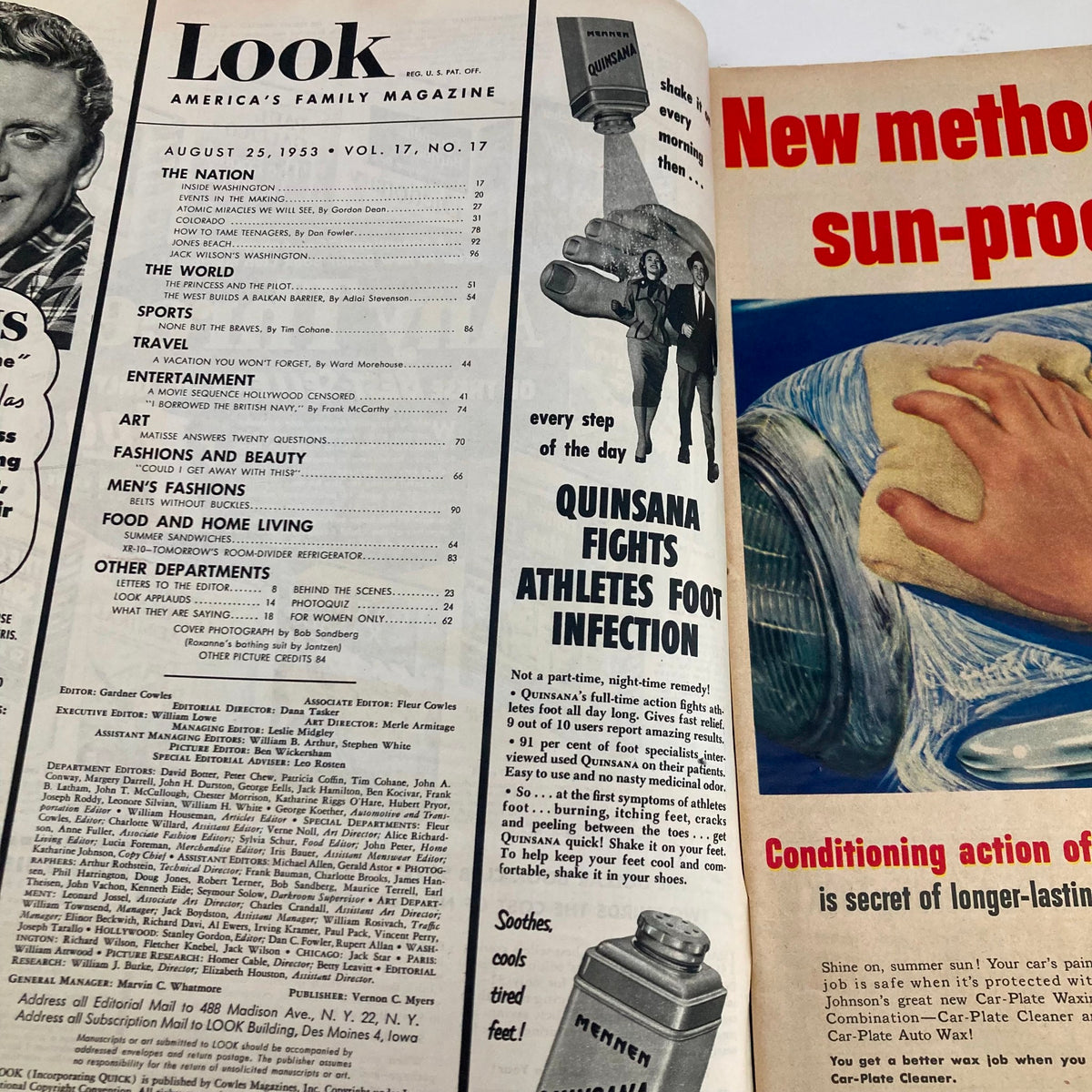Inside pages of VTG Look Magazine August 25 1953, showcasing the table of contents with articles on fashion, sports, and entertainment.