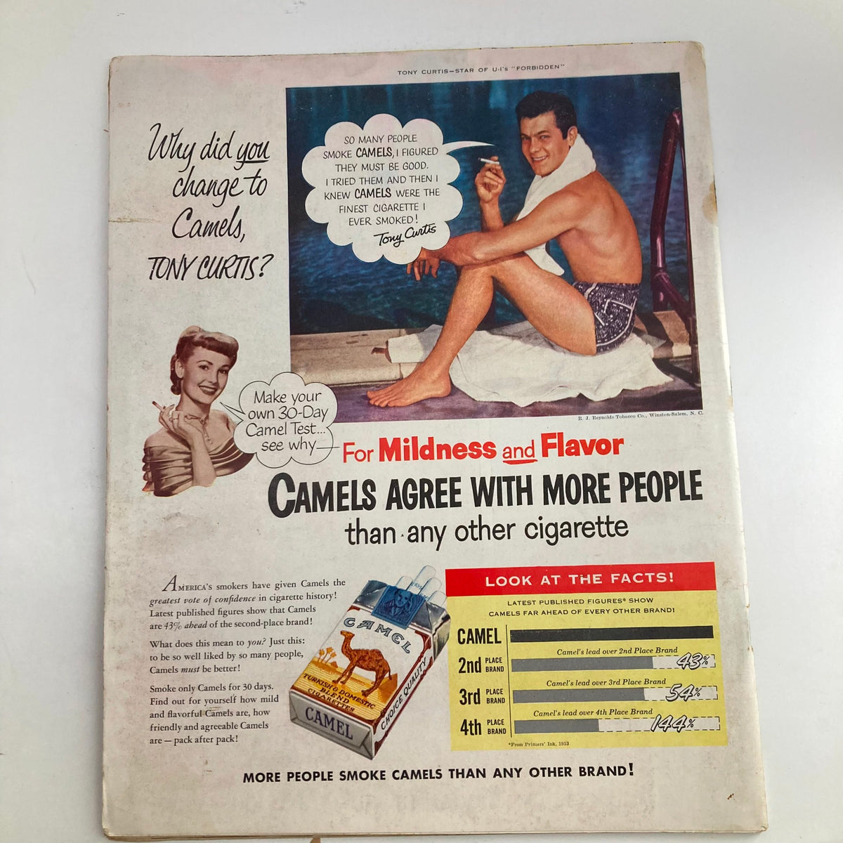 Back cover of VTG Look Magazine August 25 1953, featuring an advertisement for Camel cigarettes with actor Tony Curtis.