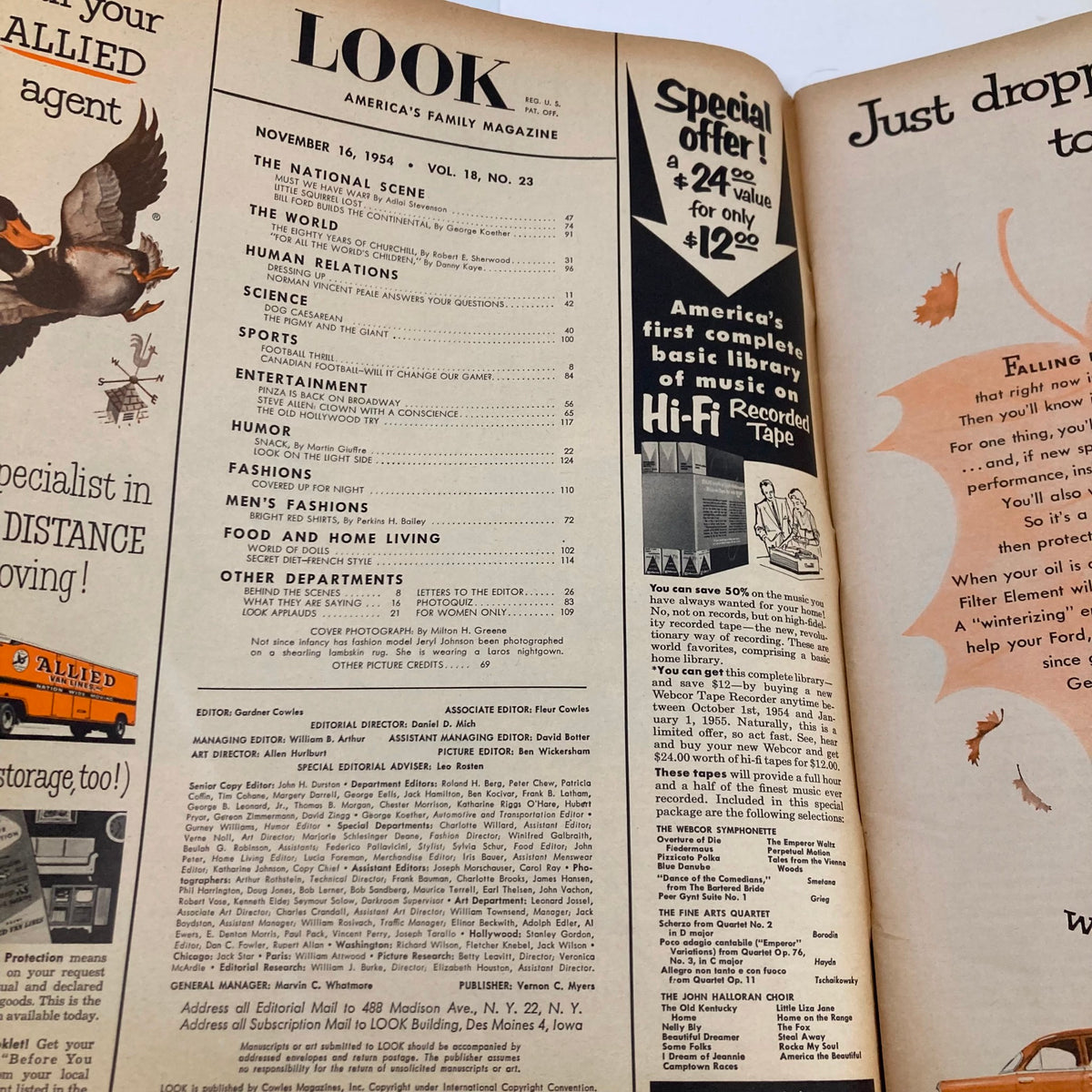 Inside page of VTG Look Magazine November 16 1954 showcasing the table of contents including features on the 80 Years of Winston Churchill.