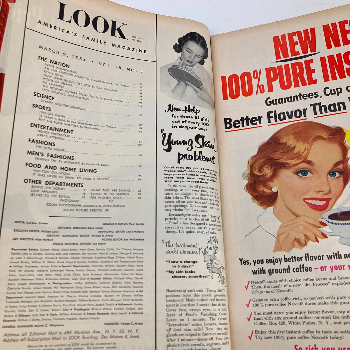 Interior page of Look Magazine March 9 1954 showcasing contents and advertisements, featuring a vintage ad for Nescafé. Highlighting nostalgia from the 1950s.