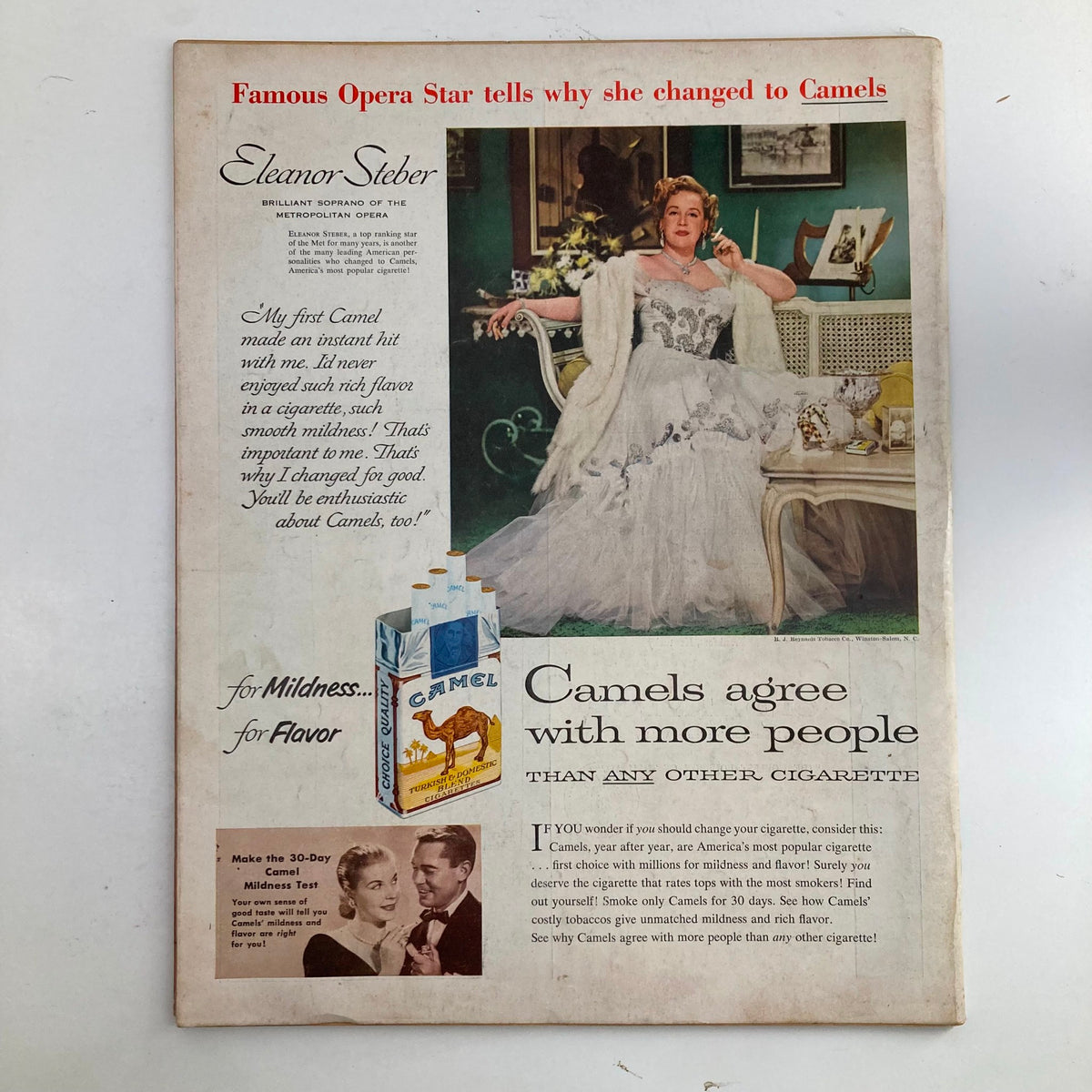 Back cover of Look Magazine March 9 1954 featuring an advertisement for Camel cigarettes with a portrait of opera star Eleanor Steber, emphasizing vintage advertising aesthetics.