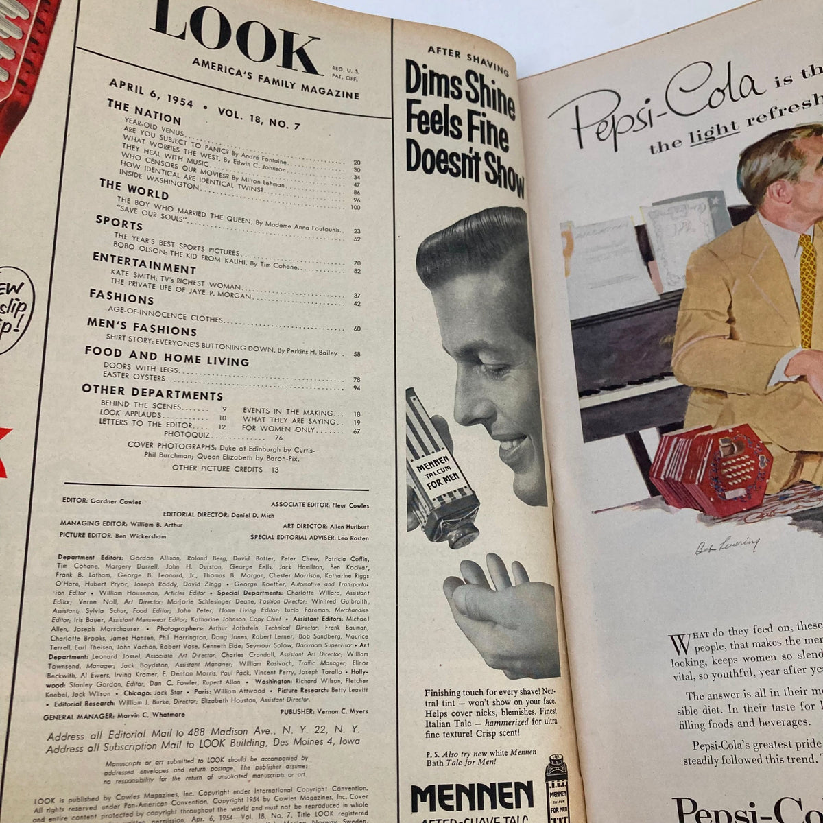 Inside page of VTG Look Magazine April 6 1954 displaying contents and advertisements, illustrating mid-20th century culture.