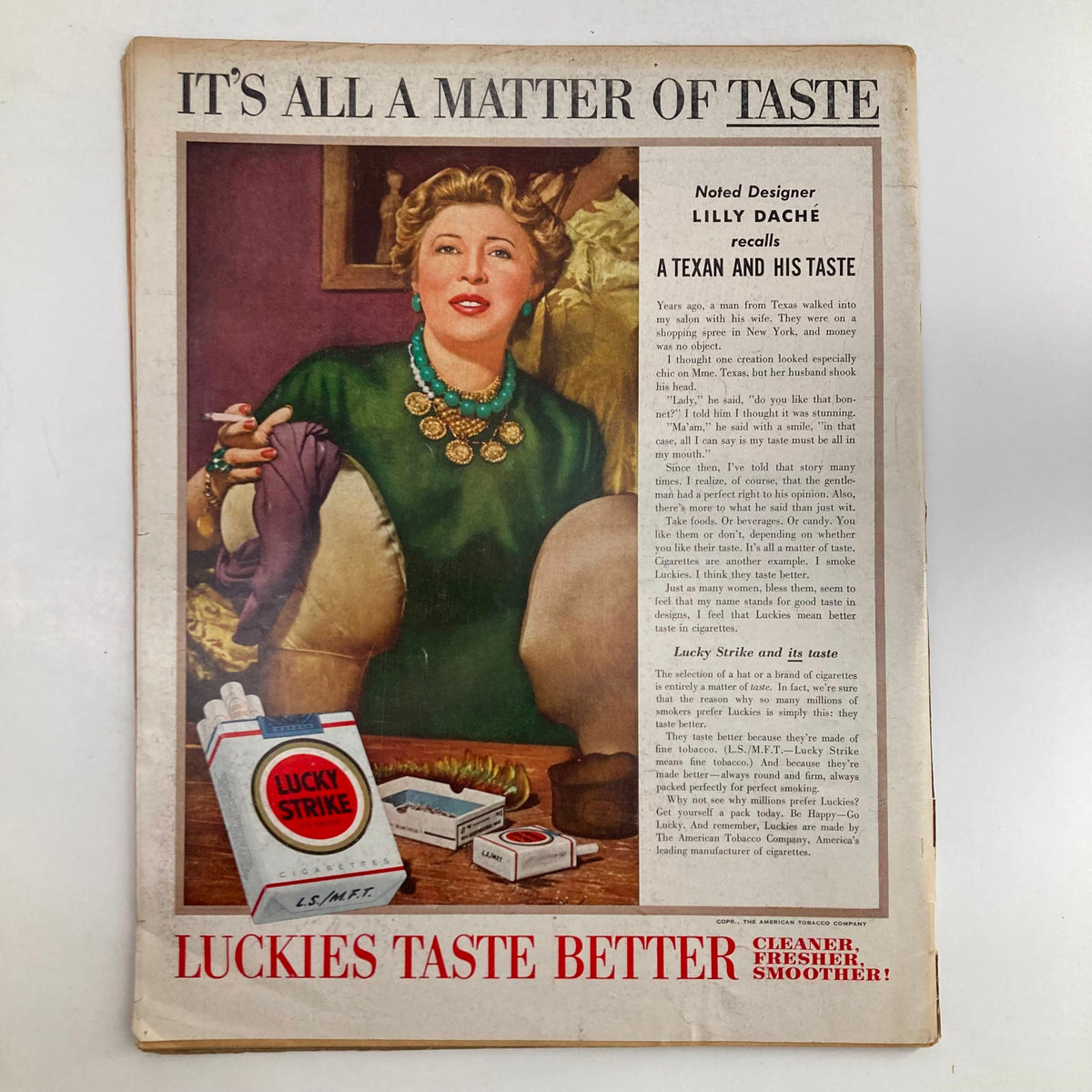 Feature article page from VTG Look Magazine April 6 1954 highlighting Lilly Daché, discussing fashion and taste trends.